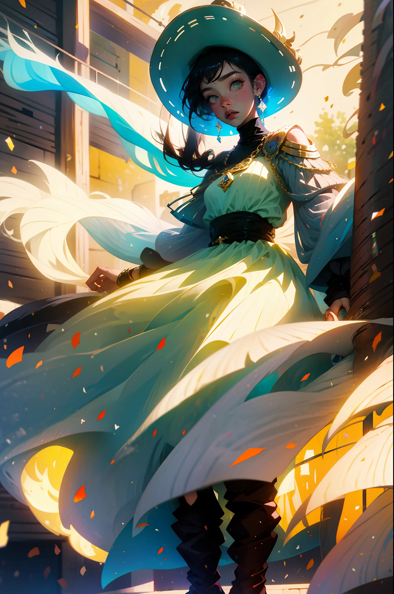 Una hermosa vaquera. She is in the middle of the street in a small village. She holds two large revolvers......., uno en cada mano, Usar ropa de mezclilla, un sombrero y botas altas. Su cabello es largo y rizado. It's a spectacular full-body image with a low upward tilt angle..
