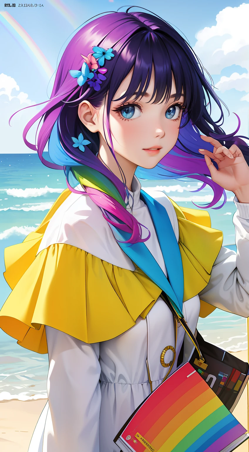 🌈🌈🌈🌈🌈🌈masterpiece, top quality, spring clothes, colorful hair, outdoor, fashion magazine cover, upper body, she will borrow🌈🌈🌈🌈🌈