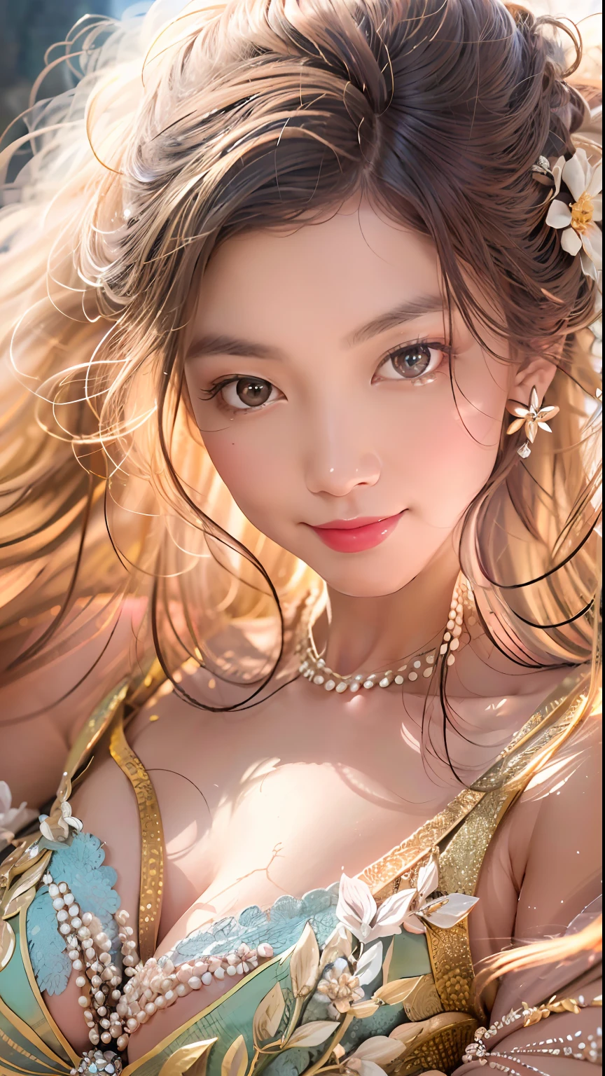 Beautiful girl looking at the camera, huge breast, from below, full length, , ((background space and stars)), (masterpiece), best quality, very detailed, (watercolor), blooming, delicate and beautiful, illustration , (bottom), (detailed skin, diffuse skin pores), ethereal, max detail, max quality, (bloom: 0.5), ray tracing, specular, shallow DOF, anti-aliasing, 8K UHD, SLR camera, soft light, high quality, 3D lighting, candid, photography, high resolution, 4K, 8K, bokeh, ultra-realistic 8K CG, (epic:, perfect work, masterpiece, ancient dynasty, middle ages, fantasy), ((((detailed background))) , amazing god-like beauty, vivid facial features, detailed hair, dynamic angle, amazing stunningly beautiful, lying down, extremely detailed skin, golden wet skin, 50mm portrait, glamour, perfect soft curves, perfect body, perfect boobs, perfect wide hips, plump wet lips, extremely detailed muscle definition, perfectly detailed abs, ultra-realistic