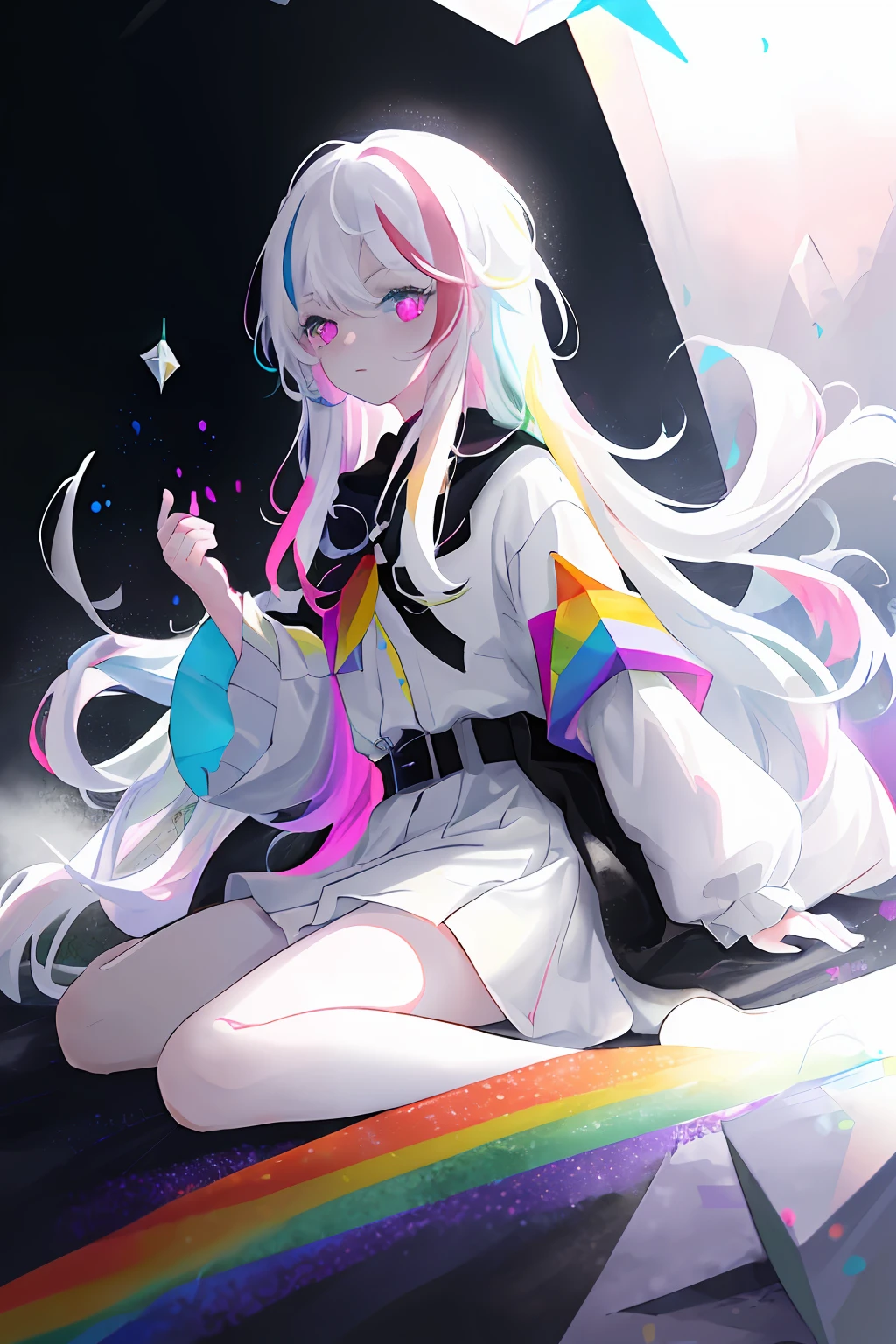 rainbow,rainbow,masterpiece, best quility, high_quality, high_resolution, masterpiece*portait, whitespace, colorful, 1girl, solo, white_hair, prism hair, [pink|green] eyes, gradient eyes, multicolored eyes, glowing eyes, glowing, glitter, glowing white particles, wind lift, full_body, serious,