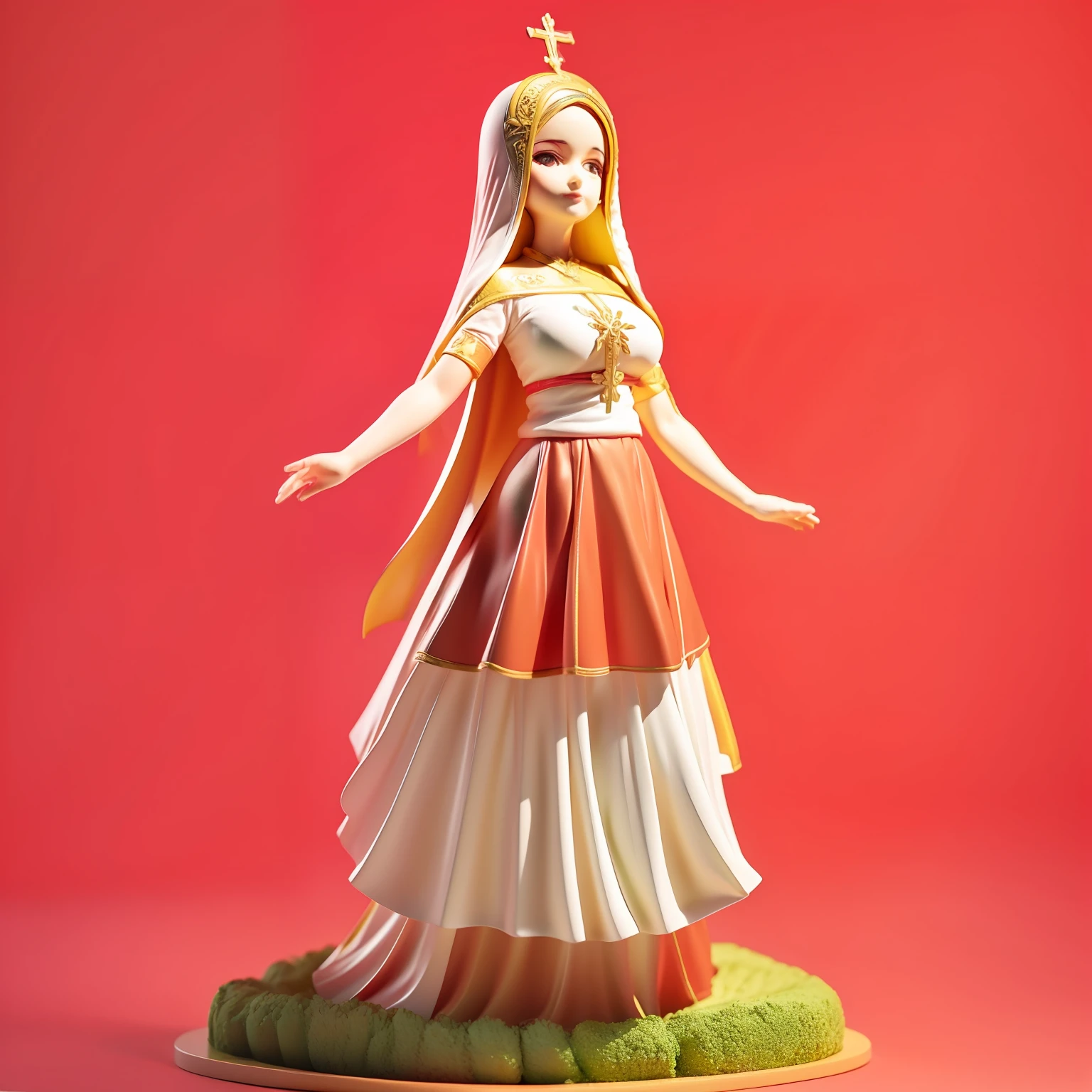 Nossa Senhora com 60 anos, manto vermelho, coroa. Feliz.