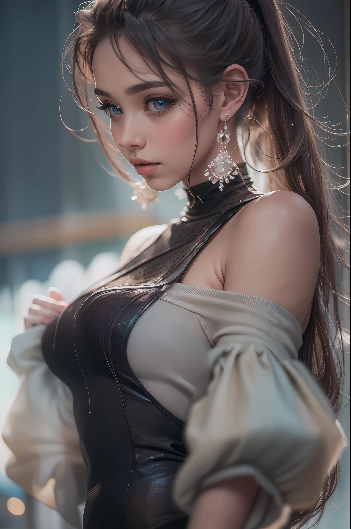 From the side, hips up, ((addielyn)), side pose, random pose, night, (extremely delicate and beautiful work), (masterpiece), 1girl, streetwear, highly detailed, ponytail twist, charming expression, beautiful and clear eyes, blue eye pupils, delicate pearl necklace, delicate earrings, simple blurred background, extreme detail description, beautiful, charming, ultra-fine painting, delicate face, delicate figure, fine collarbone, cute lips, Soft Behind, mix4, (8k, RAW photo, best quality, masterpiece: 1.2), (realistic, photorealistic: 1.37), 1 girl, cute, cityscape, night, rain, wet, professional lighting, photon mapping, radiosity, physically based rendering, waist up,