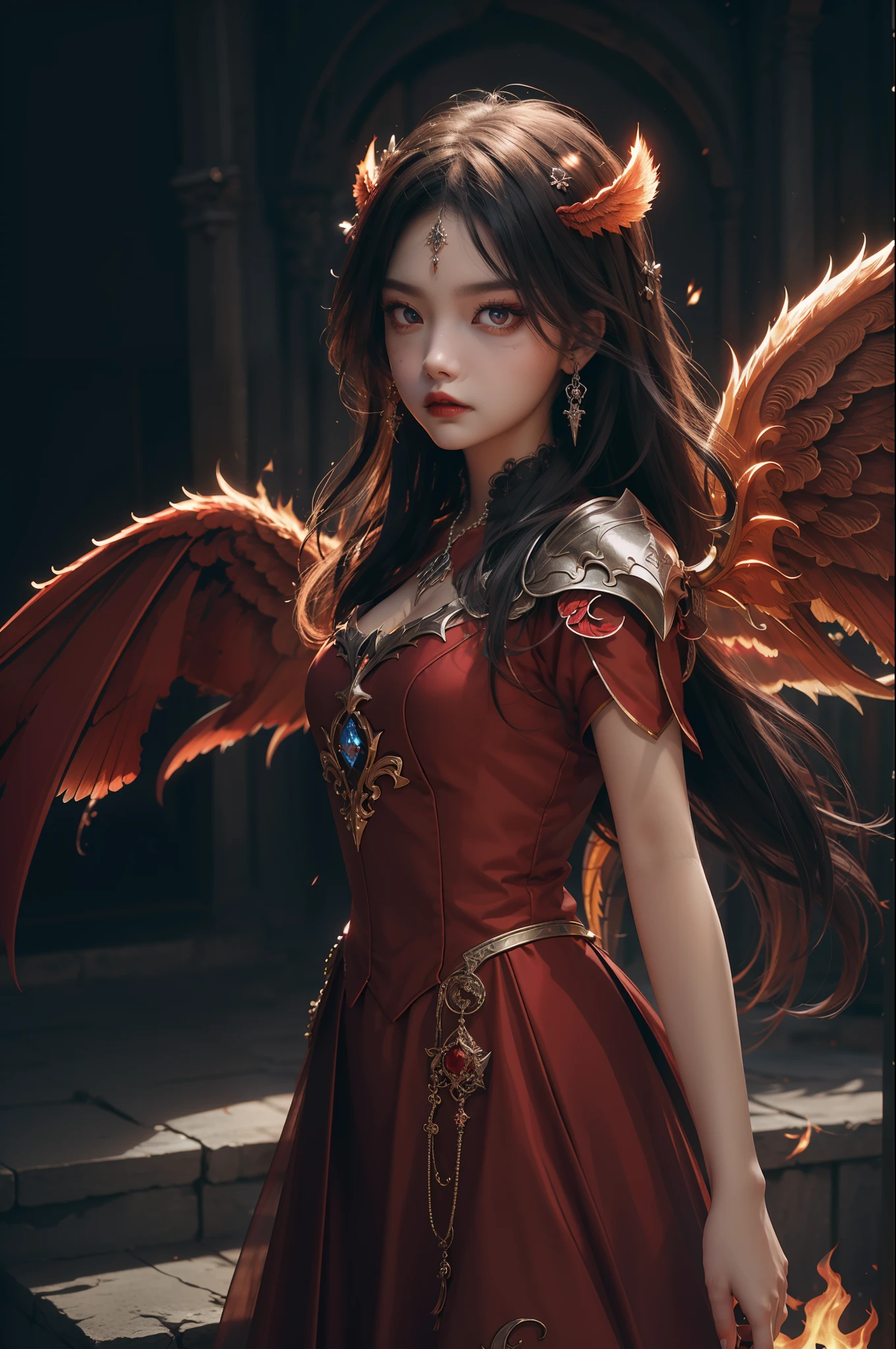 (extremely detailed CG unity 8k wallpaper,masterpiece, best quality, ultra-detailed, beautiful detailed eyes:1.2),best illumination, (best shadow, an extremely delicate and beautiful, bloom),
1gril,solo,red eyes,Heavy armor,long hair,holding sword,Angel wings,black wings,red jewelry,(big wings:1.4),Film filter,Satan, Hellfire,full body,demon,flame,