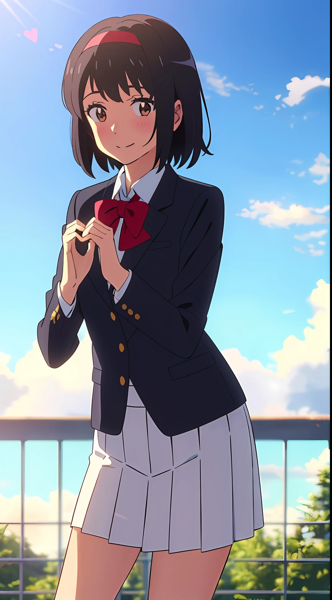shinkai makoto, kimi no na wa., 1girl, bangs, black hair, blush, brown eyes, sky, cloud, collared shirt, looking at the viewer, outdoors, red headband, red ribbon, red bow, Blazer uniform, school uniform, schoolyard, short hair, smile, solo, white shirt, white skirt, long sleeves, heart shaped hands