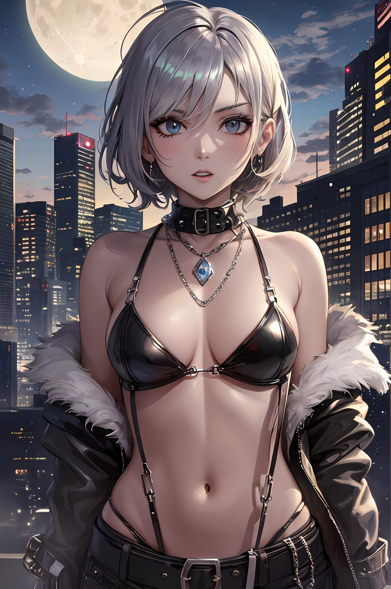 Anime style, post-apocalyptic warrior, female, brunette, lithe, nubile, chrome aesthetic, wearing silver chains, scantily clad, an evil car in the background, black car, chrome trimming, night, moon light,