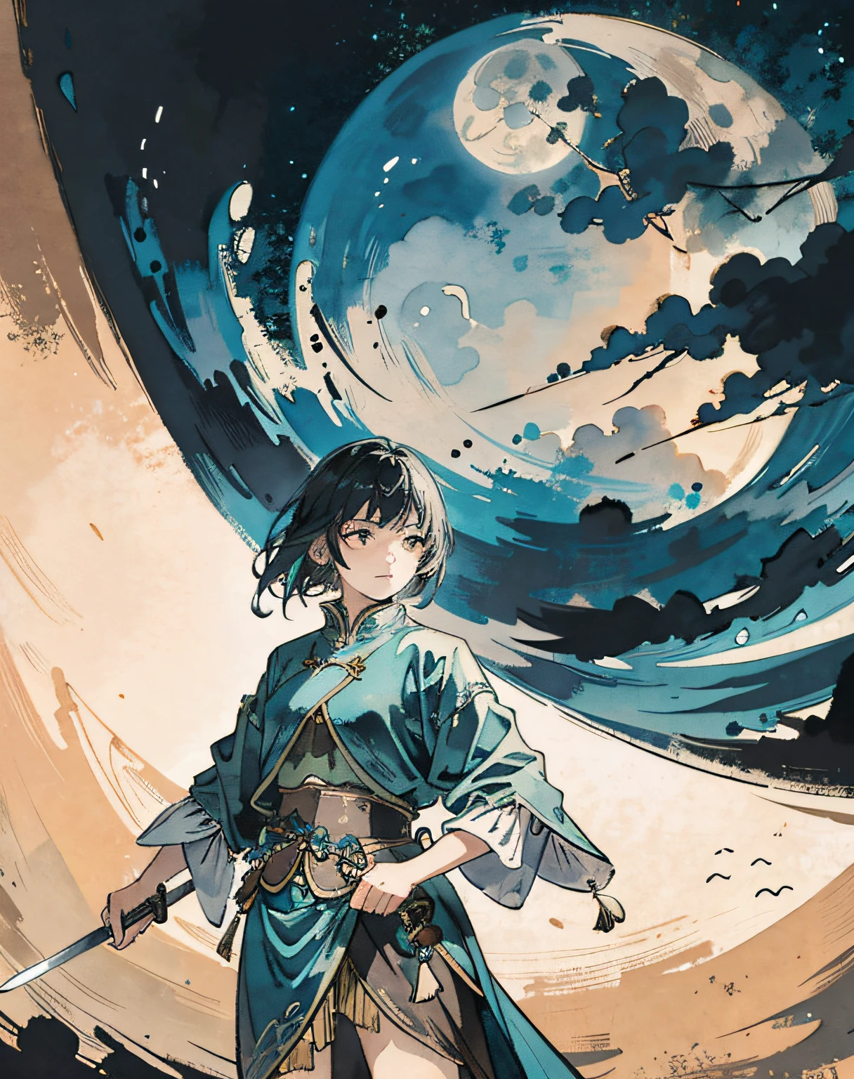 masterpiece chinese watercolor and ink painting, 1girl holding a sword in front of the full big moon. by rembrandt and artstation trending, 8k, highly detailed, turquoise rustic color scheme, detailed, atmospheric light, cinematic, epic, highly detailed, hd, digital painting, deviant art, concept art, smooth, sharp