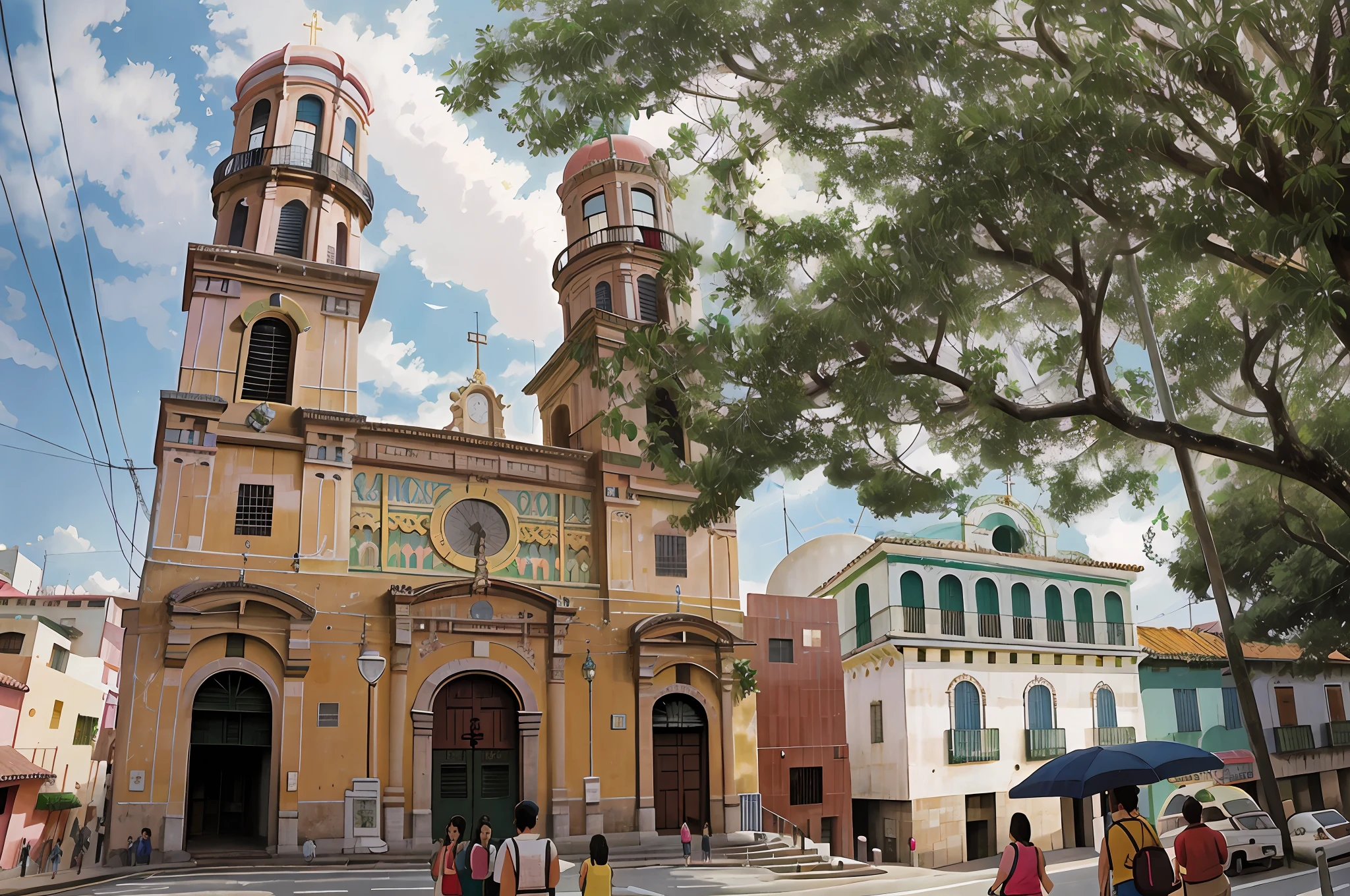 Illustration Studio Ghibli, estilo anime, hermosa, La gente camina frente a una gran iglesia con una torre del reloj, monserrat gudiol, Old cathedral behind it, puerto rico, catedral, Cuba, Iglesia Catedral, hermosa imagen, iglesia, en una ciudad con una rica historia, imponente, Entorno Cubano, Plaza, Fachada Freddy Mamani Silvestre, Alrededores de la ciudad, colombiano, Historical setting, anime japones, calidad cine, cielo hermoso, Architectural details, ArtStation, gran iluminacion, alto contraste