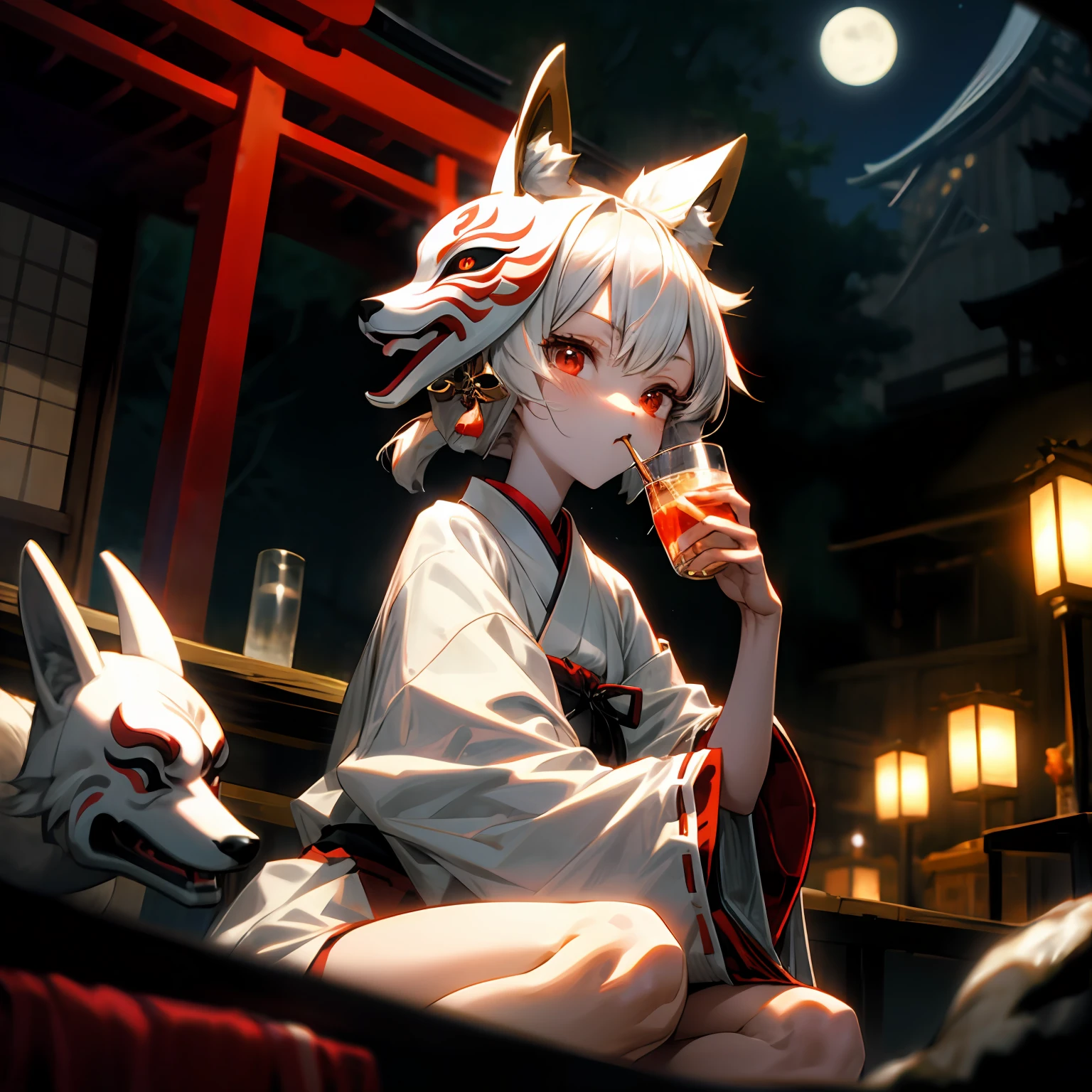 A white-haired fox girl wearing a fox mask drinks Nihon-shu in an izakaya among the rubble.,red eyes,miko,moon,shiny skin,indian style,food