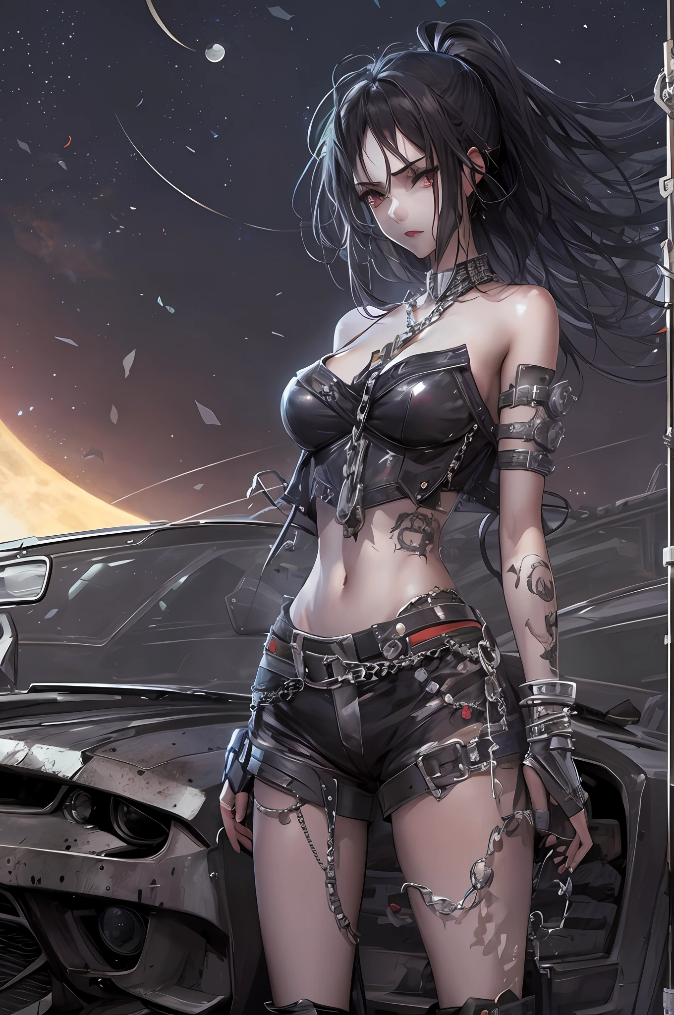 Anime style, post-apocalyptic warrior, female, brunette, lithe, nubile, chrome aesthetic, wearing silver chains, scantily clad, an evil car in the background, black car, chrome trimming, night, moon light,