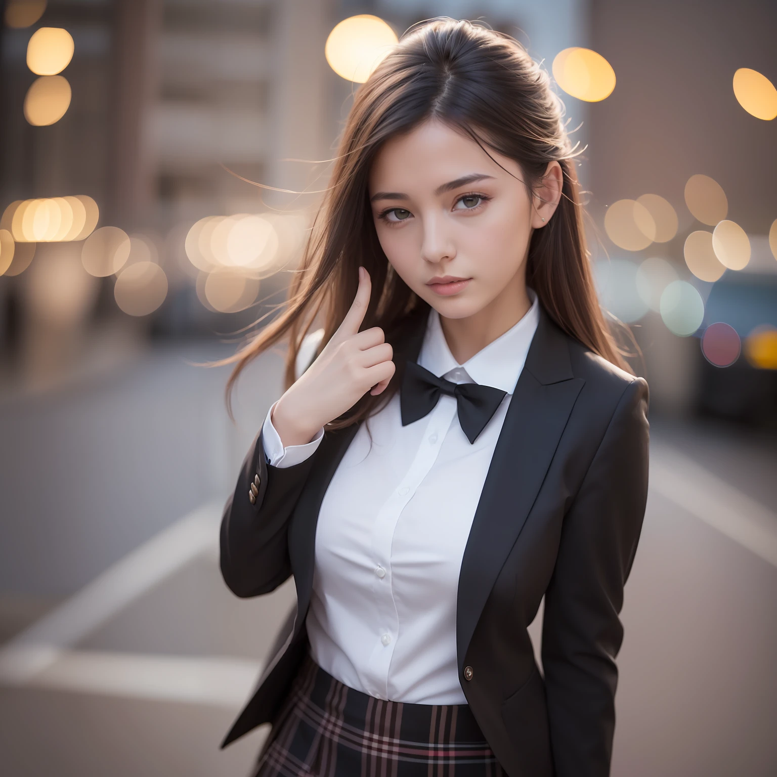 best quality, masterpiece, 1girl, Beautiful face, (photo realistic:1.3), rim lighting, (high detailed skin:1.2), 8k uhd, dslr, high quality, high resolution, 4k, 8k, Bokeh, absurdres, best ratio four finger and one thumb, (realistic:1.3), cute 1girl, wearing black formal blazer, medium breasts, short skirt,