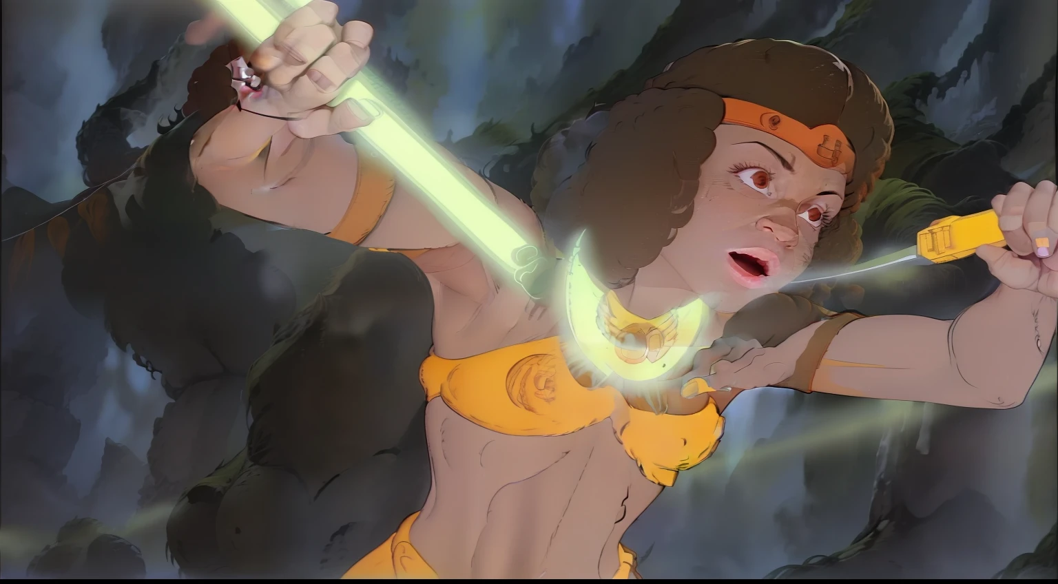 Uma personagem de fantasia feminina, guerreira, ousada e destemida, with braided red hair, Viking-inspired armor, holding a long sword in his right hand, que emite um brilho azul, ao fundo uma floresta densa e brilhante.