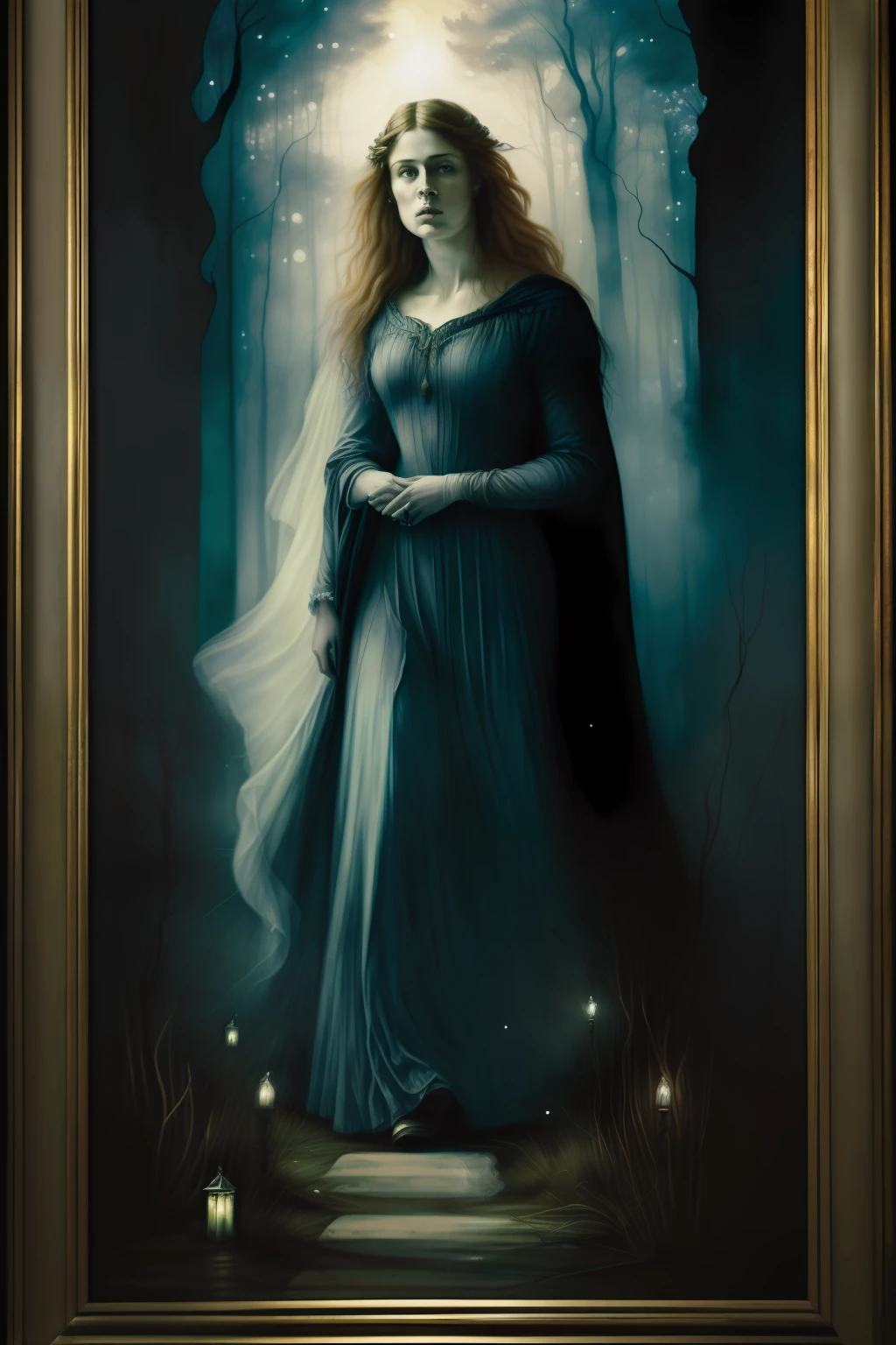 floresta sombria. (((Pre-Raphaelite painting of a ghostly woman flees in horror, paisagem celta, espinheiro-branco, na noite de lua)))