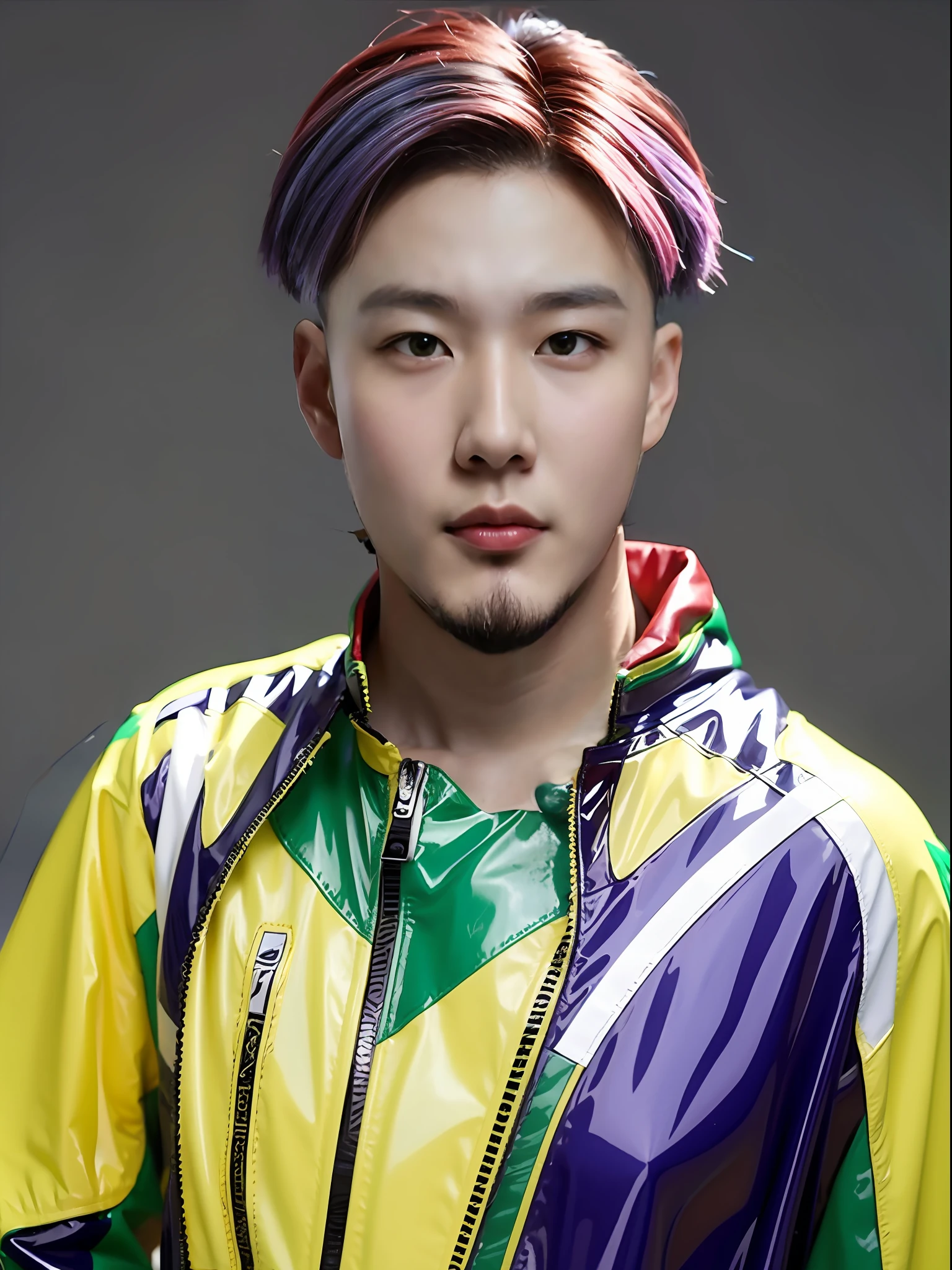 A -yeld mahigh school student,Wearing PVC red racing costume,Purple-green medium hair style,Micro-dyeing