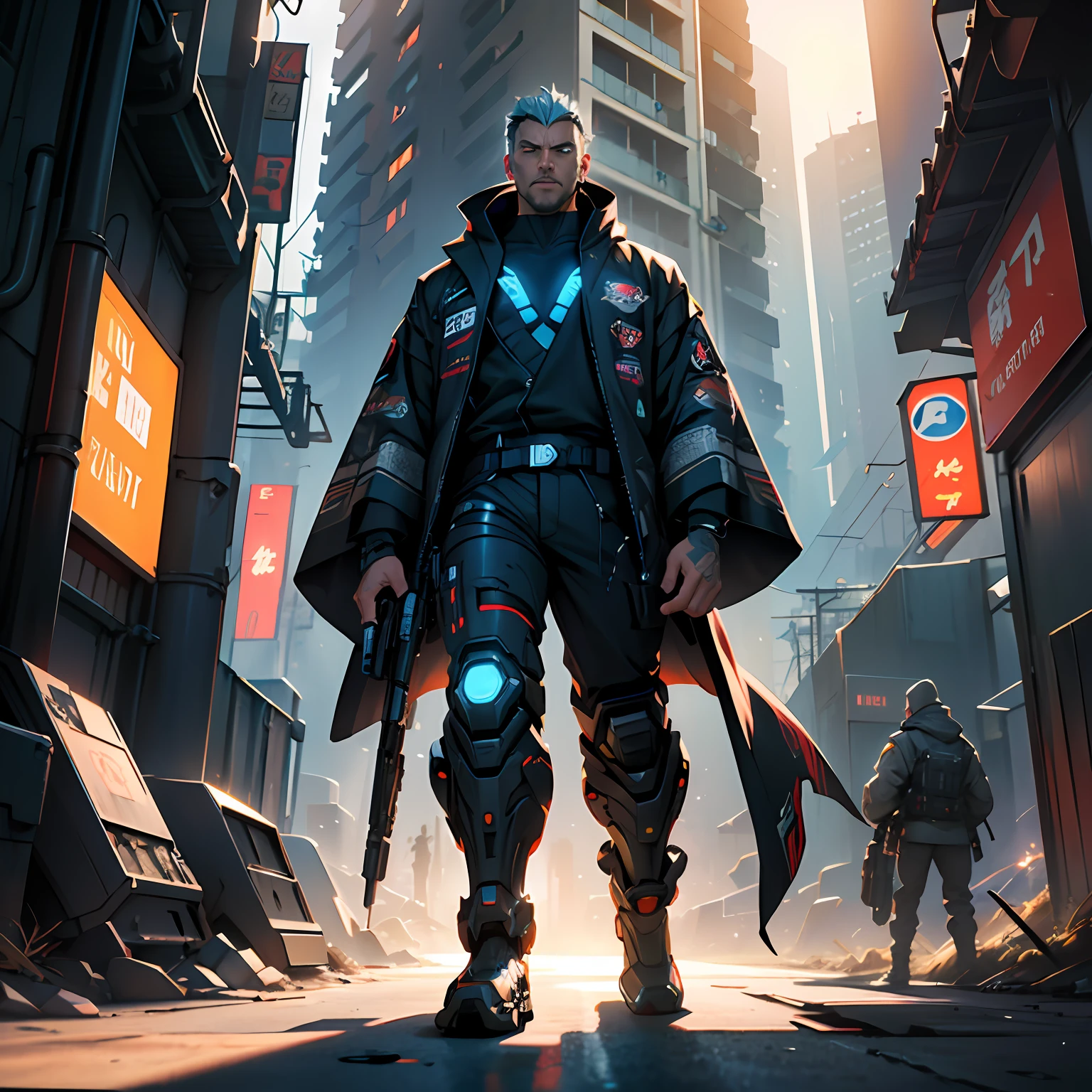 Big man with full body, ３D-Animation, Full body animation, Half of the body is made of cyborgs、Have a big machine gun、Half of the body is a robot、、Silver tattoo,standing on the grass, Man in Kimono、 Blue Pupils,Very beautiful face、Wearing fashionable moss clothes、Only one man, infinite light, Magnificent sunset background, Octane Rendering, , Full body vision, Cinematic lighting, Professional Lighting, Center, looking in camera, 8K, Perfect Lighting、epic sci-fi character art, scifi character, SCI - FI Characters, Male characters in science fiction, cyberpunk character design, Cyberpunk characters, Cyberpunk character art, scifi character render, epic sci-fi character art