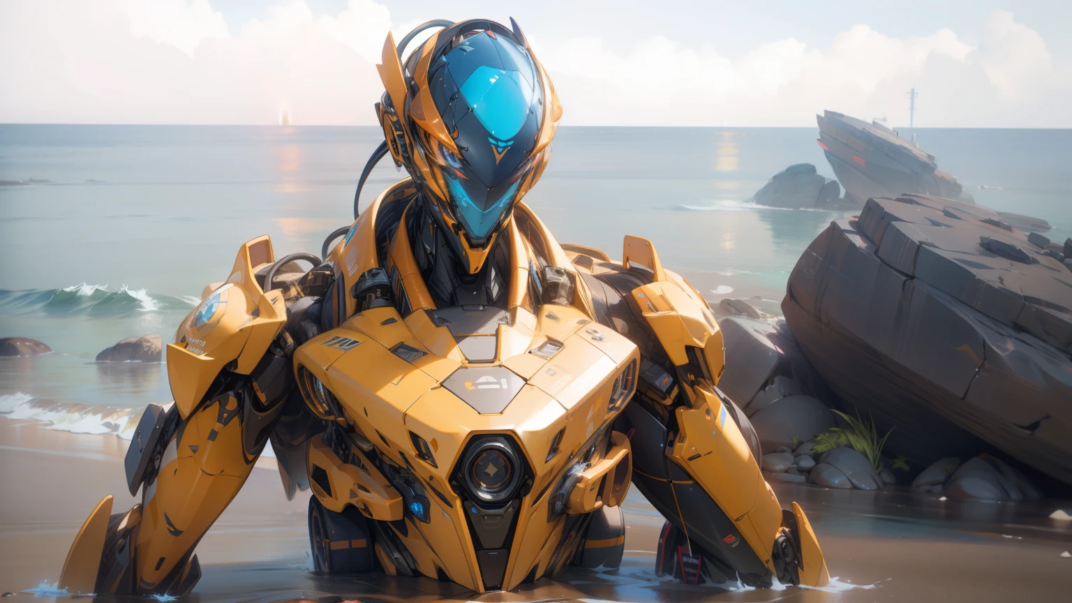 araffe standing on a rocky beach , made in unreal engine 5, 4 k octan render, 8 k octane detailed render, rendered in unreal engine 5, 8 k octanerender, amazing octane render, super rendered in octane render, ultimate octane render, 8 k cg render, 8k octane unreal render,mech, with car charging cables attached to shoulders