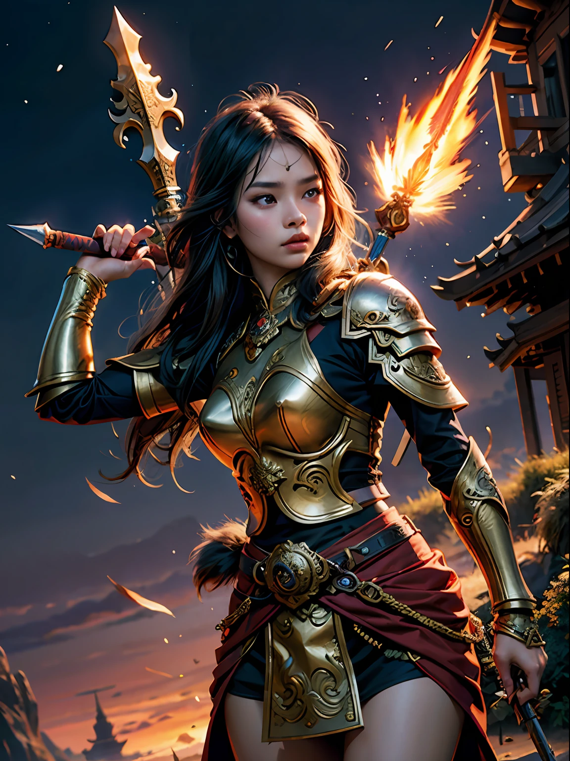 19 year old Javanese females, warrior, spear, patriotic pose, extremely beautiful, background explosion, smoke, night, kingdom gate (masterpiece:1.2) (illustration:1.1) (best quality:1.2) (detailed) (intricate) (8k) (HDR) (wallpaper) (cinematic lighting) (sharp focus)