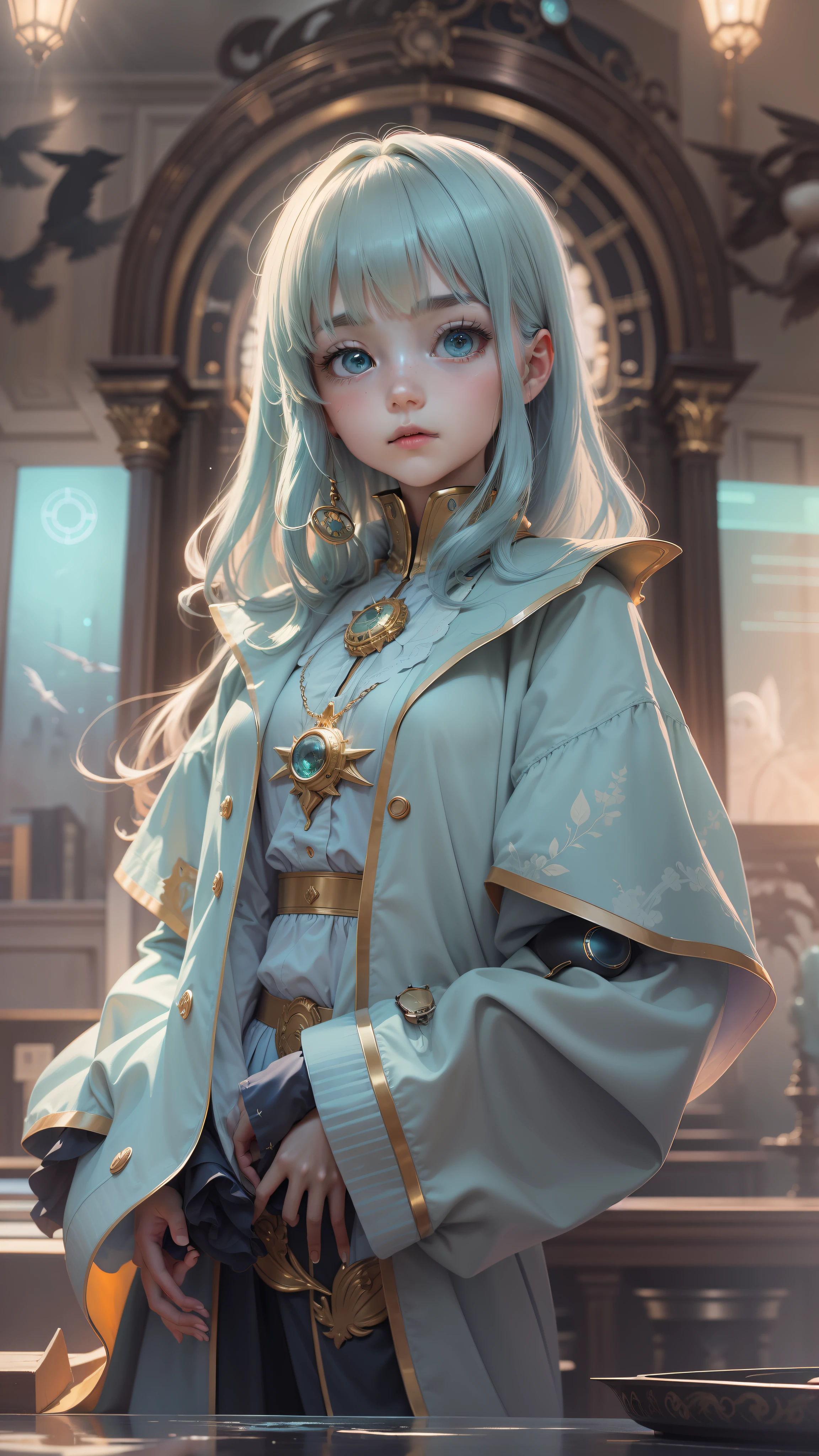Picture quality:High detail masterpiece 8K high resolution body content:1 girl 8 year old doll girl,wide wide shot,in a panoramic view,Wear a suit,Moe doll assures,Suspicious Expression Background:Classical clock environment:Mysterious shimmer,It has a magical touch atmosphere,Hopeful,Endless coercion,A sense of mystery, lamplight:Technical beams,Magic beam,The fantasy of the futuristic world is intertwined with reality color:Infused with ethereal hues and spooky shades,blue green,High purity color, composition:Wide angle composition,Spell composition,The character is in the center,Bird's eye view style reference:afofuturism,Dynamic complexity,sci-fy