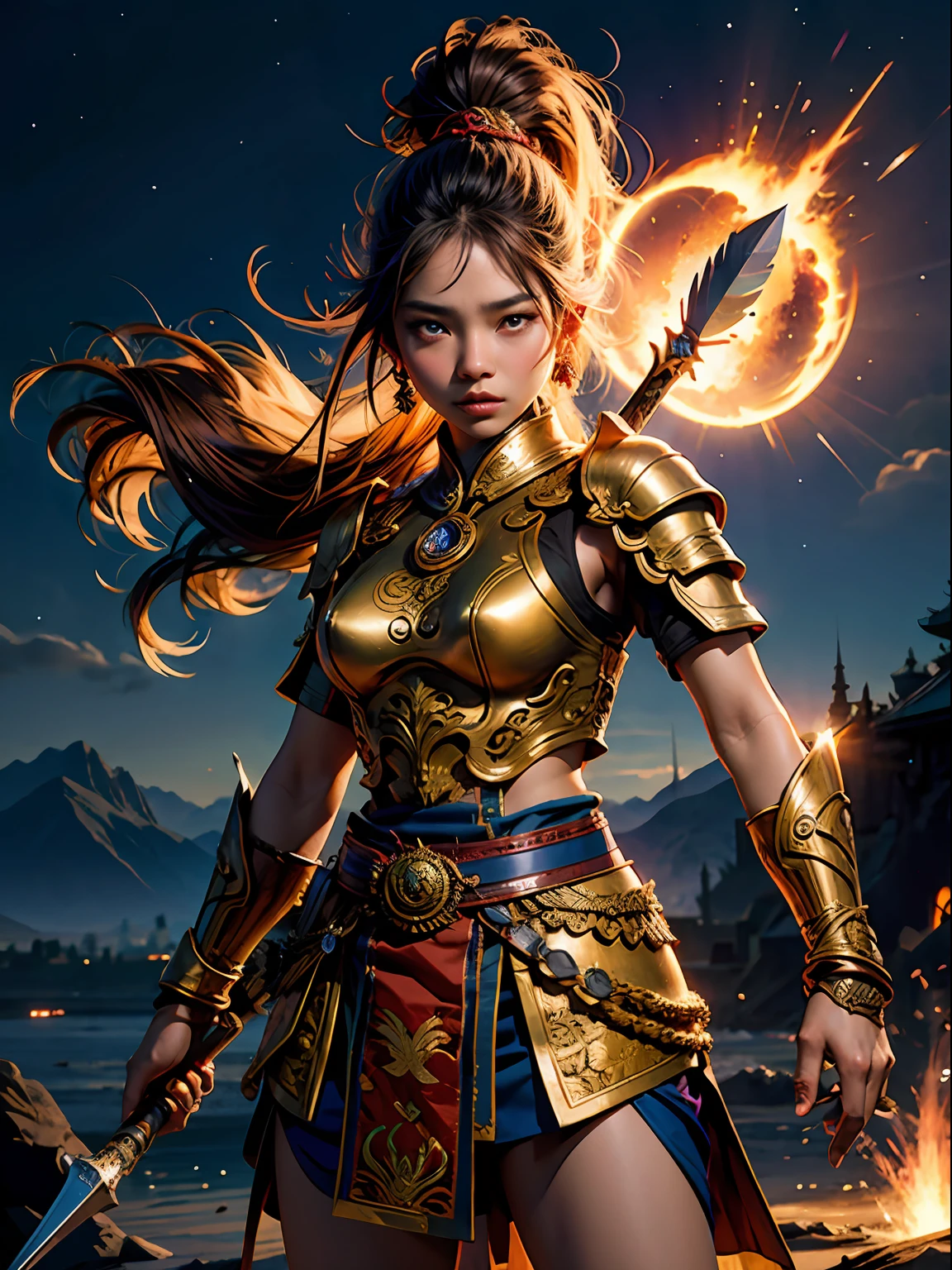 19 year old Javanese females, warrior, spear, patriotic pose, extremely beautiful, background explosion, smoke, night, kingdom gate (masterpiece:1.2) (illustration:1.1) (best quality:1.2) (detailed) (intricate) (8k) (HDR) (wallpaper) (cinematic lighting) (sharp focus)