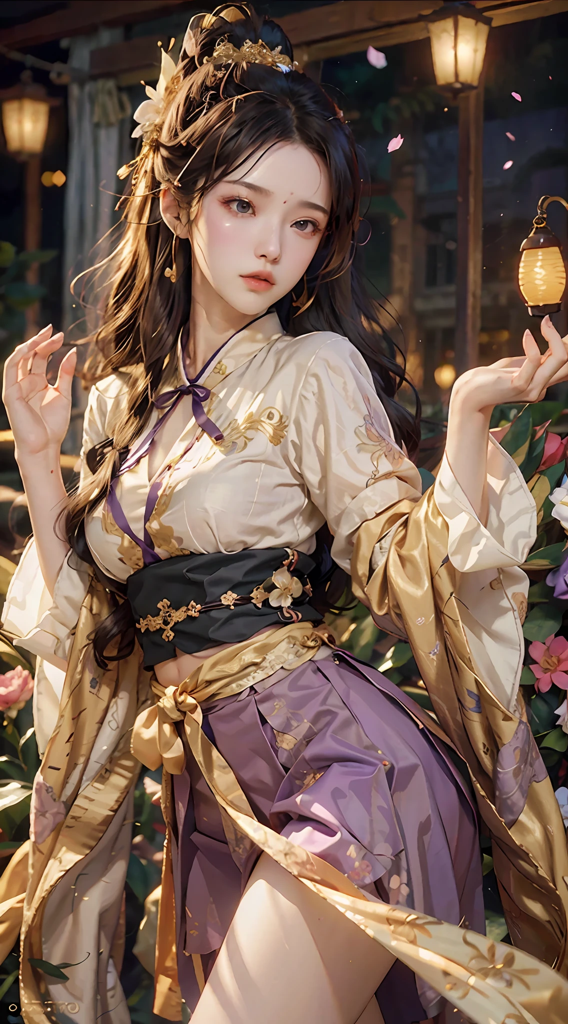 Superb Beauty, Masterpiece, High Resolution, (Exquisite Body: 1.5), Beauty, Extra Large Breasts (2.5) Wide Buttocks, Thin Waist, Stunning Beauty, (Milky Skin: 1.3), Exquisite Details, High Resolution, Wallpaper, 1 Female, Solo, Dress, Hair Accessories, (((Golden Purple Skirt)) ), Flower, Long Hair, Brown Hair, Shut Up, Accessories, Long Sleeves, Raised Hands, Wide Sleeves, Big Eyes, Flowing Hair, Hanfu, Hanfu, Embroidery, Long Dress, Natural Pose, Falling Petals, Indoor, Fanning, Lantern, 16K, HDR, High Resolution, Depth of field, (Film grain: 1.1), Bocon, Primetime, (lens flare), vignette, rainbow, (color grading: 1.5)