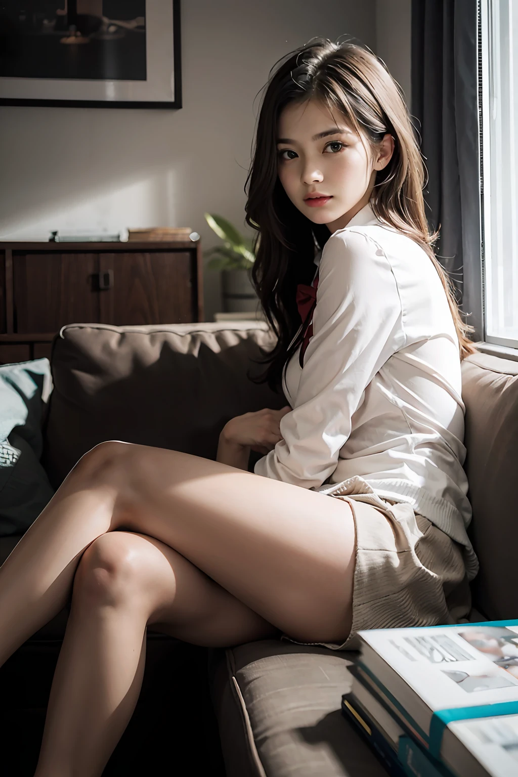 1girl, sitting on a cozy couch, crossing legs, [nude:10], soft light, [school uniform:25],