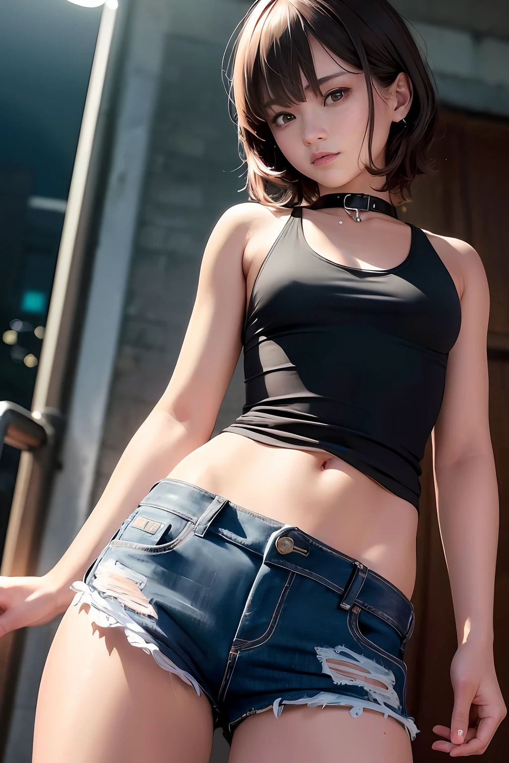 ((medium breast, tomboy girls, small head)), daylight, sunlight, (chiseled abs : 1.1), (perfect body : 1.1), (short wavy hair : 1.2) , auburn hair, collar, chain, full body shot, crowded street, wearing black tanktop, jeans jacket, ((shorts)), (extremely detailed CG 8k wallpaper), (an extremely delicate and beautiful), (masterpiece), (best quality:1.0), (ultra highres:1.0),  beautiful lighting ,perfect lightning, realistic shadows, [highres], detailed skin, ultra-detailed