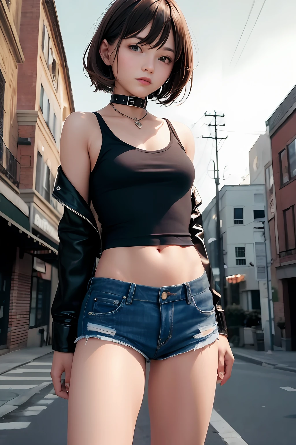 ((medium breast, tomboy girls, small head)), daylight, sunlight, (chiseled abs : 1.1), (perfect body : 1.1), (short wavy hair : 1.2) , auburn hair, collar, chain, full body shot, crowded street, wearing black tanktop, jeans jacket, ((shorts)), (extremely detailed CG 8k wallpaper), (an extremely delicate and beautiful), (masterpiece), (best quality:1.0), (ultra highres:1.0),  beautiful lighting ,perfect lightning, realistic shadows, [highres], detailed skin, ultra-detailed