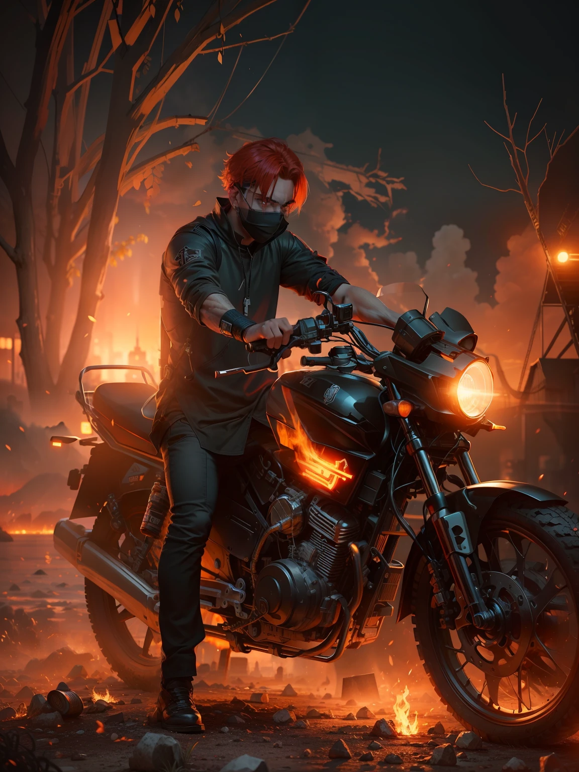 Boy become ghost raider, fire on eyes, sunset time,dark city, gangstar look and original face, 4k