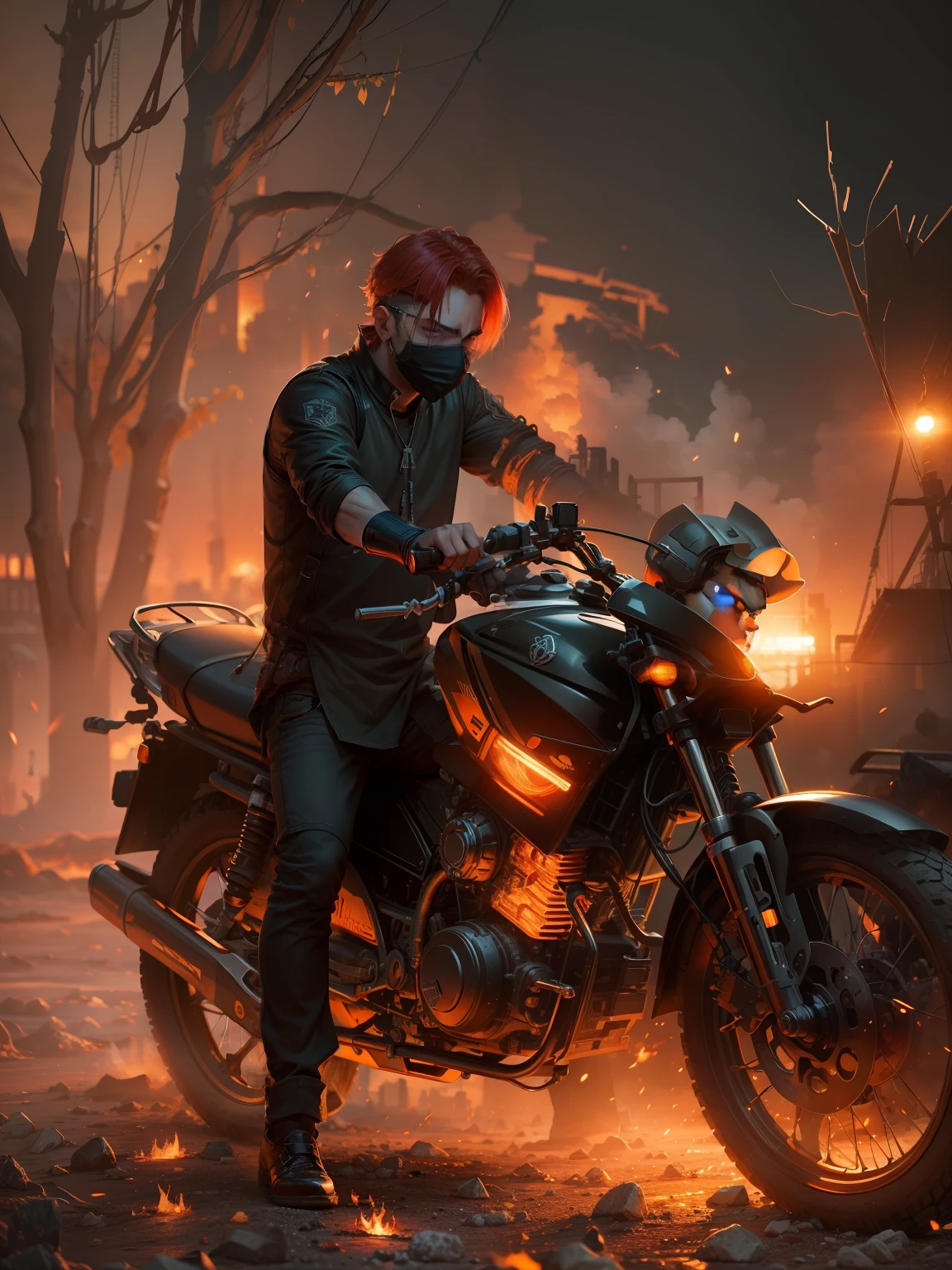 Boy become ghost raider, fire on eyes, sunset time,dark city, gangstar look and original face, 4k