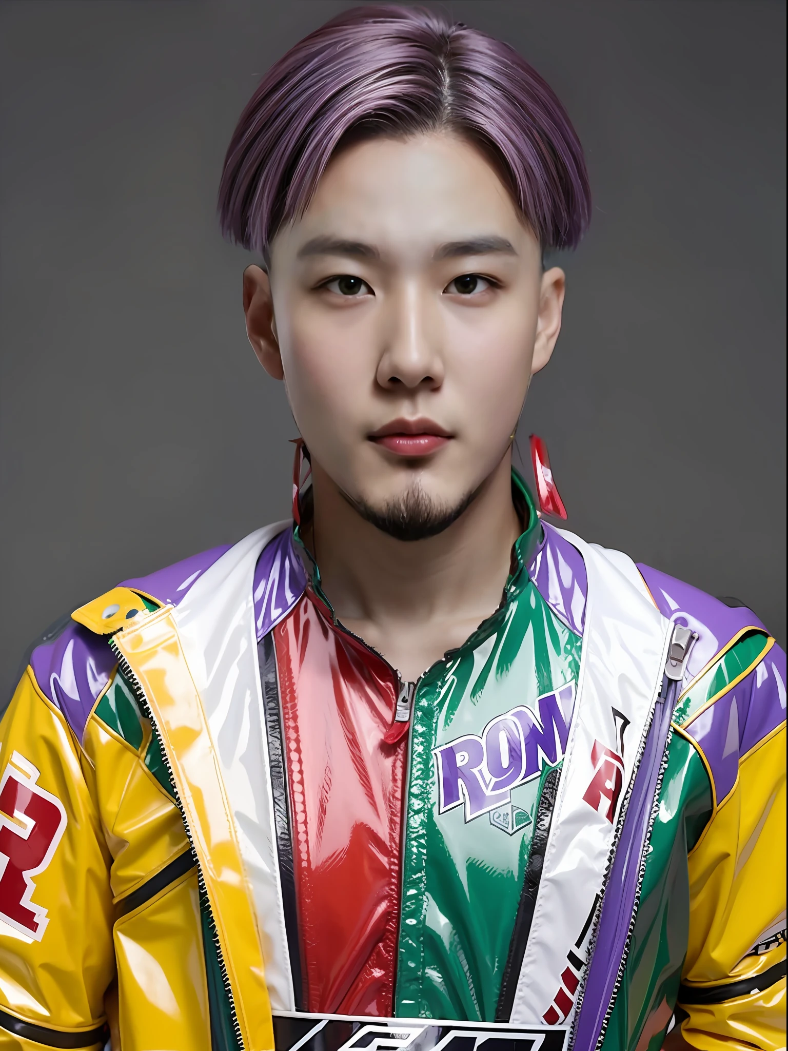 A 16-year-old male high school student,Wearing PVC red racing costume,Purple-green medium hair style,Micro-dyeing