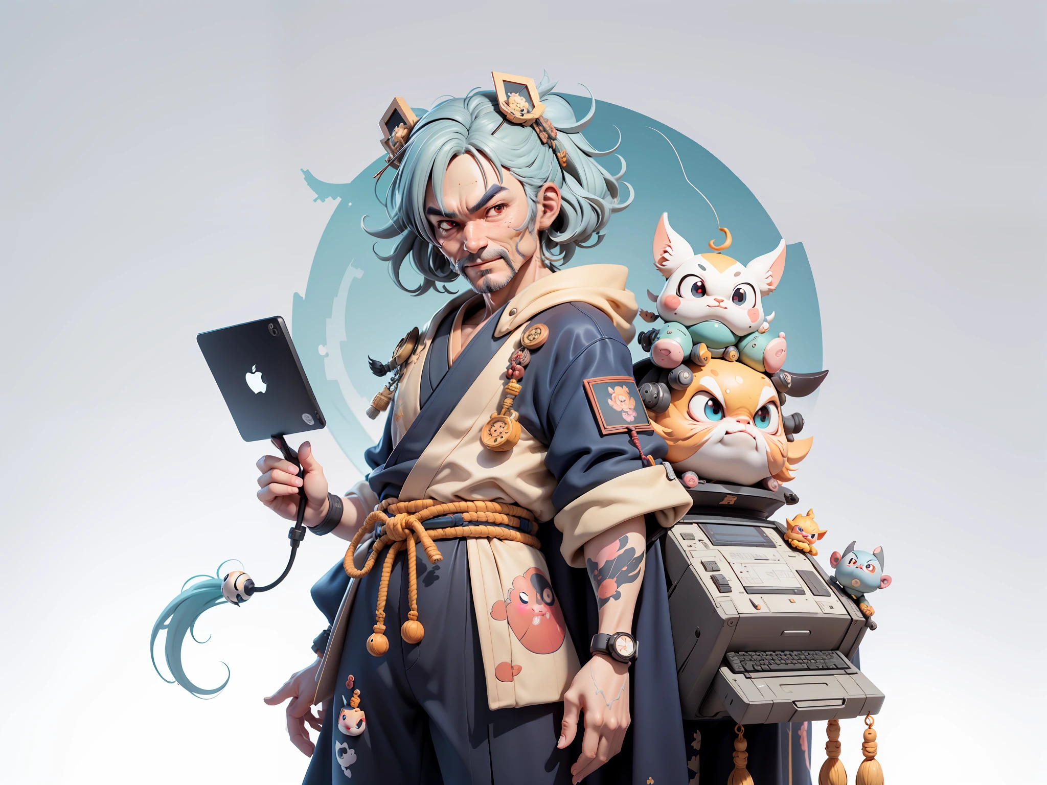 (Daisaku),(Need),(Super meticulous),(full bodyesbian:1.2),Japanese ukiyo-e girl,japanese geisha,Beautiful,Oriental dragon,Aeolian Thor,Raised y,爆乳,iental face,TV Anchor,Bust portrait illustration,Alone,In black suit,a blue tie,The face is slightly chubby,The face was clean,without a beard,Black super short hair,Black eyes,Smile confidently,3C computer sub-products,iPad, iphone,Digital painting,3D character design by Mark Clairen and Pixar and Hayao Miyazaki and Akira Toriyama,The illustration is a high-definition illustration in 4K resolution,With very detailed facial features and cartoon-style visuals。