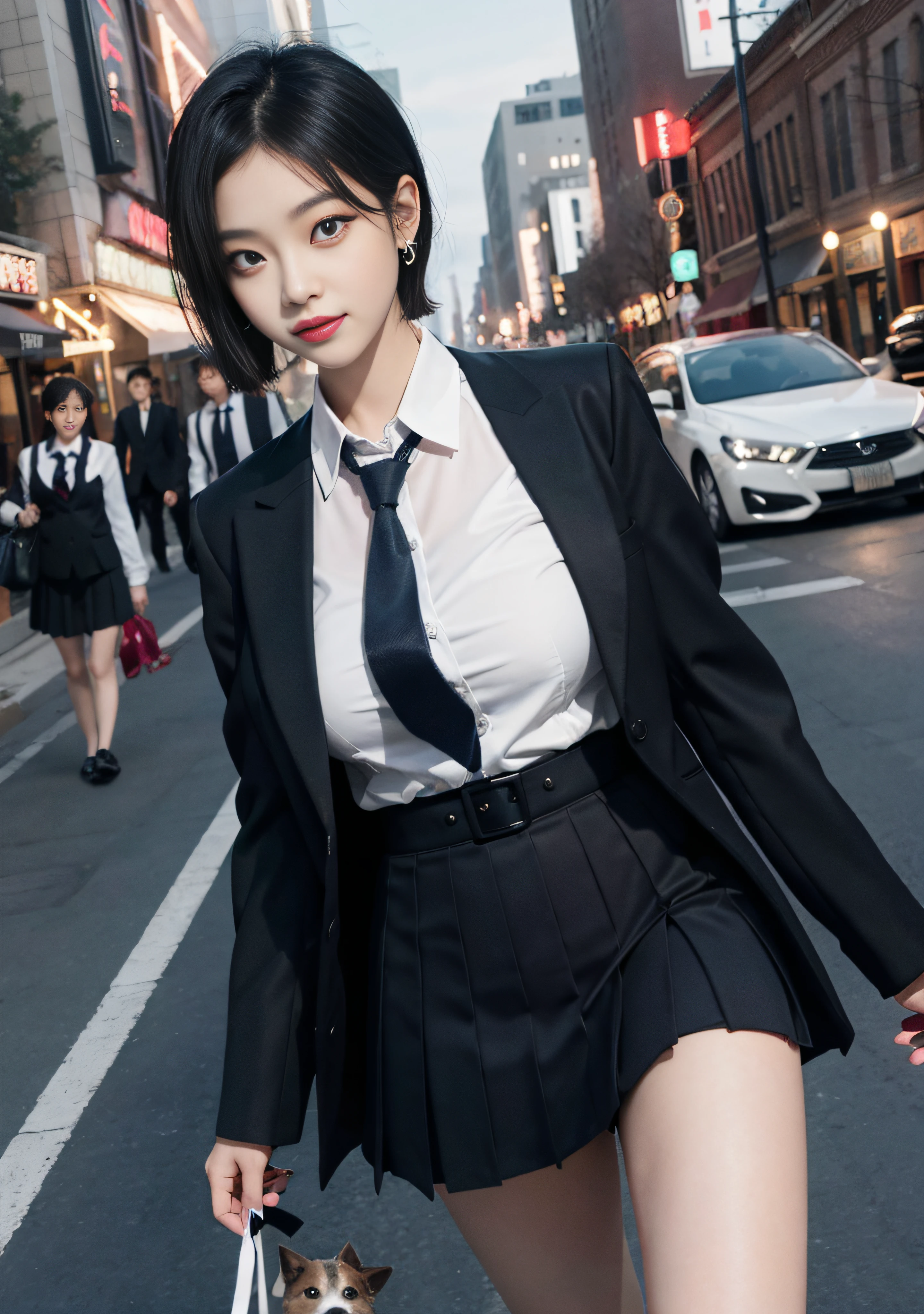 8K RAW photos, high resolution, 21 year old cool Korean, big round breasts, school uniform, tie, tie ribbon, blazer, skirt, beautiful eyes in detail, long eyelashes, beautiful double eyelids, eye shadow, slit eyes, sanpaku eyes, dark eye makeup, evil smile, beautiful thin legs, short hair tied at the back, earrings, night downtown, night boulevard, walking the dog