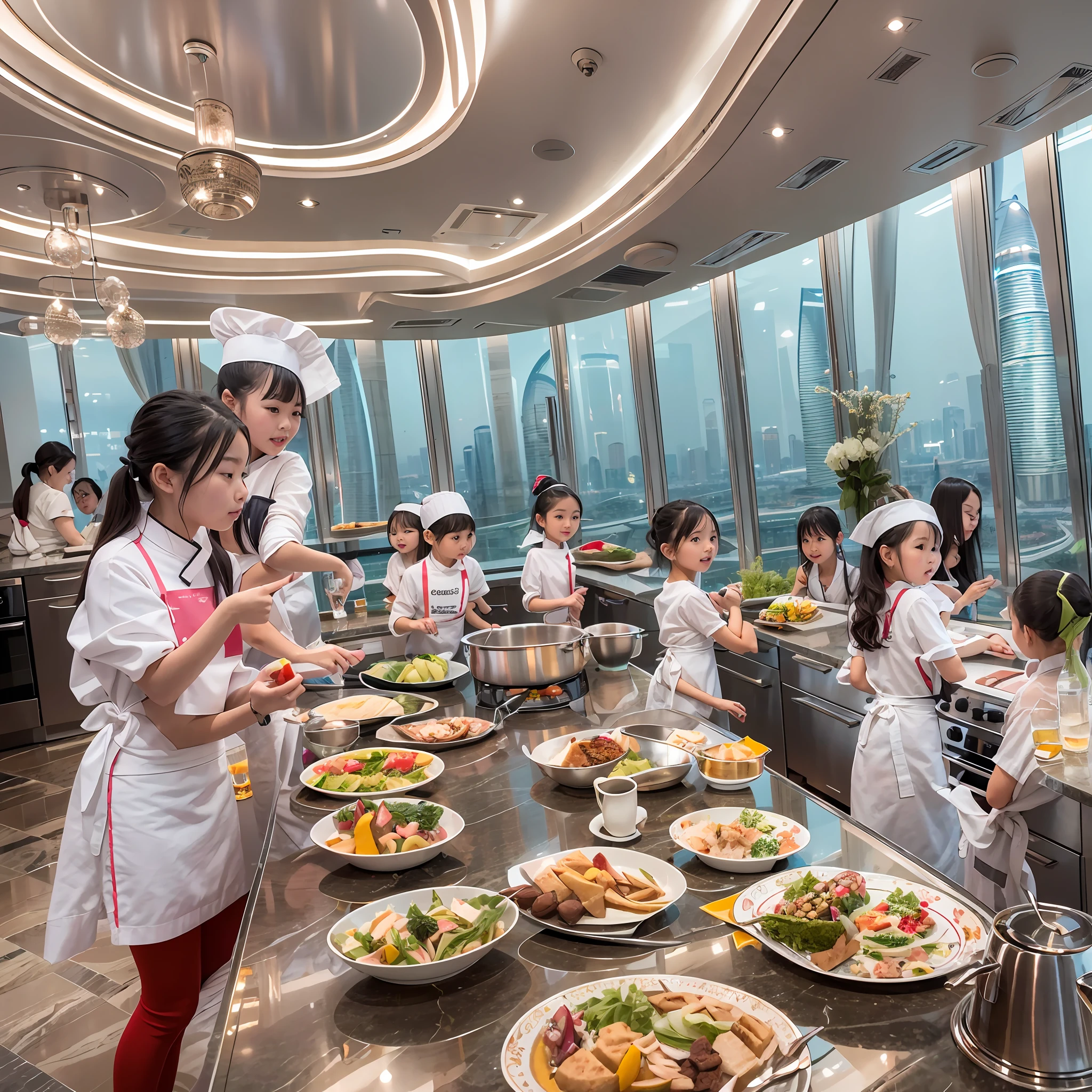 Located on the 180th floor of Shanghai Tower,Five delicate cute little girls with upturned asses,junior school student,Cook in an upscale open kitchen