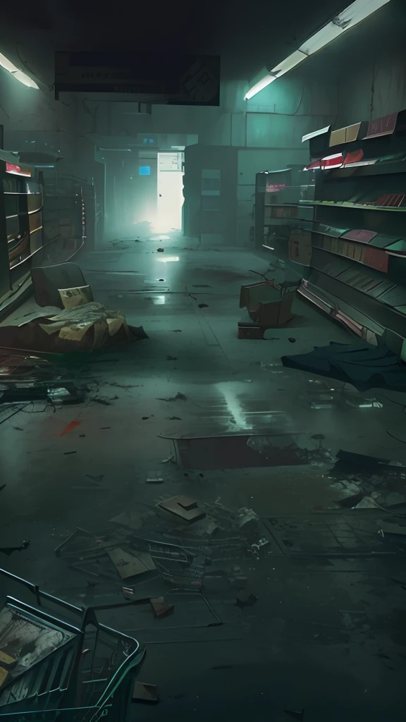 Stores with shopping carts have a dirty floor, photorealistic dark concept art, post grunge concept art, concept art for a video game, Horror environment, eerie nostalgic concept art, interior background art, resident evil virus concept art, Corpse floor, Dystopian digital concept art, environment painting, Post-apocalyptic shopping mall, apocalyptic environment, silent hill concept art