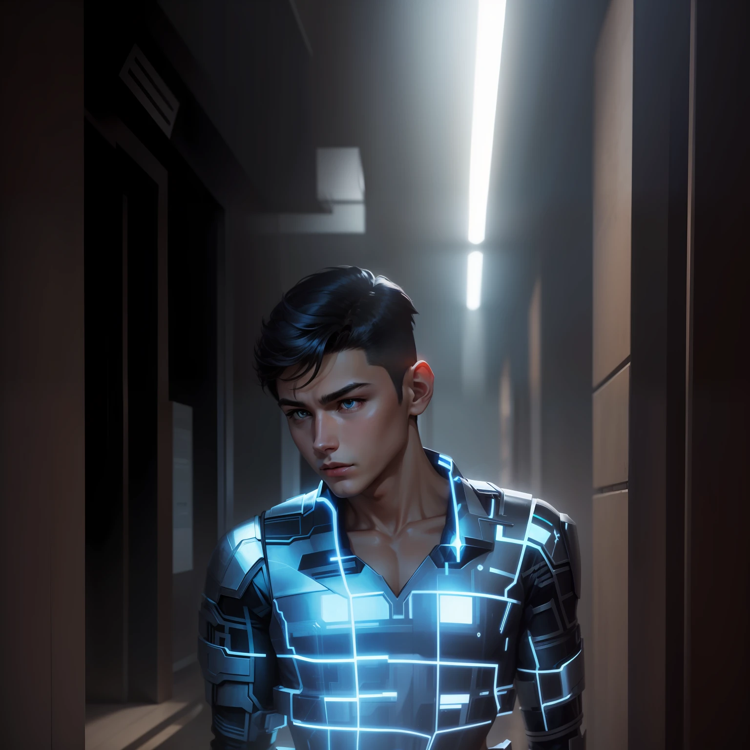Cyber boy male super hero v4 anime background bluestone in realistic smart boy