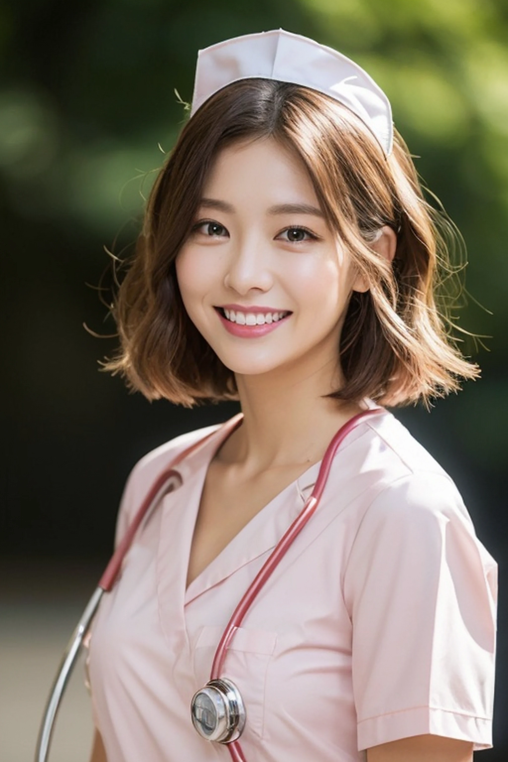 (top-quality、8K、32K、masterpiece、nffsw:1.2)、1 girl in、beautfull Japanease woman、((Golden hair))、Fancy makeup、thin-waist、Beautiful Women in Perfect Style:1.4、Colossal tits:1.3、finerly detailed face、A smile、((Light pink nurse clothes))、breastsout、 Leaning forward、short-hair、From above