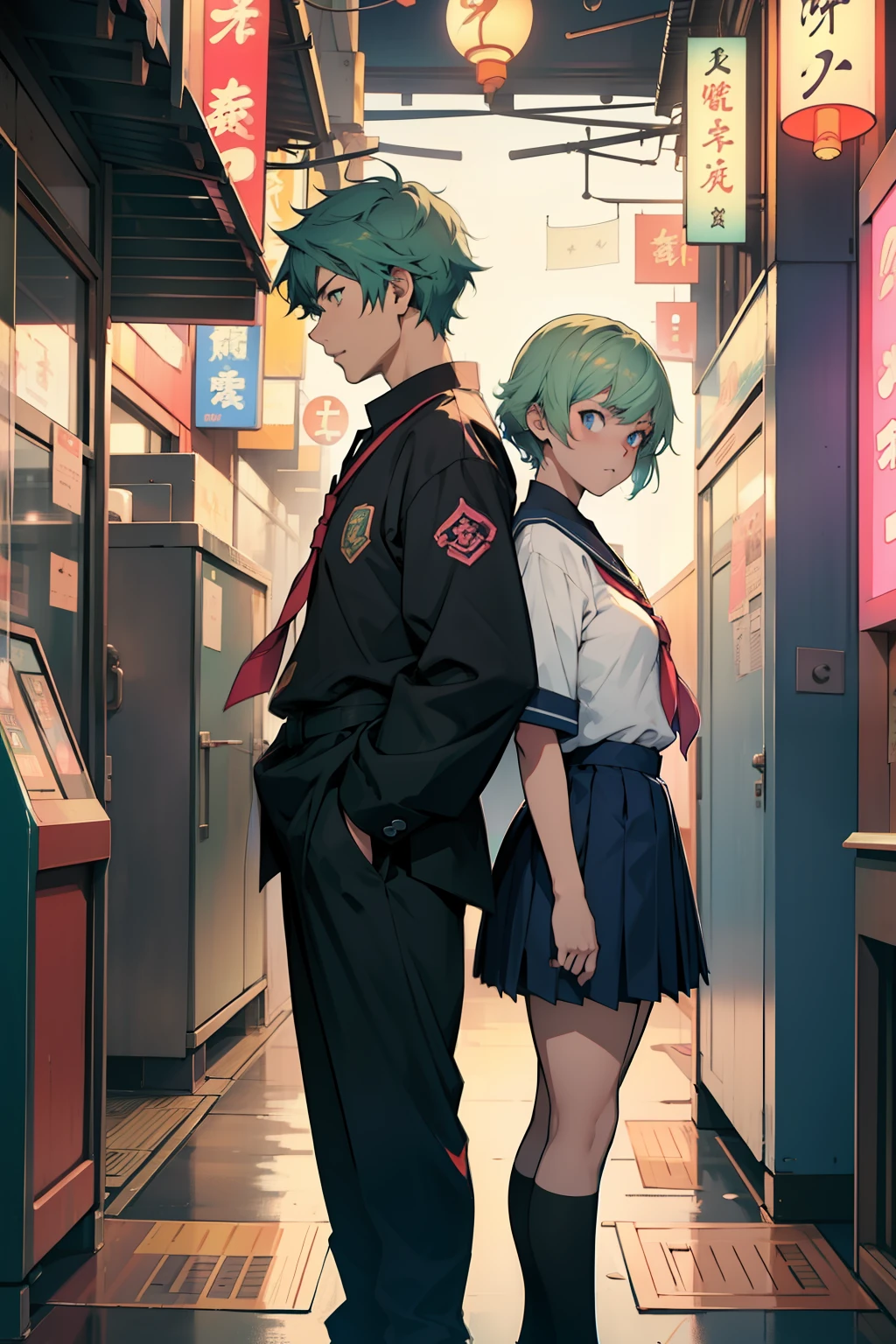 a high-definition anime-style artwork in the artistic style of Shigeru Soejima. The scene should feature two girls wearing Japanese school uniforms (seifuku), one in white and the other in navy blue. The first girl should have voluminous seafoam green hair, while the second girl should have long dark purple hair and golden eyes. They should be accompanied by a boy wearing a male Japanese school uniform with cerulean blue eyes and messy, voluminous peach-colored short hair. All three characters should be depicted in a neon-lit arcade with blue, pink, and green hues, surrounded by small traditional Japanese youkais, hiperdetalhados