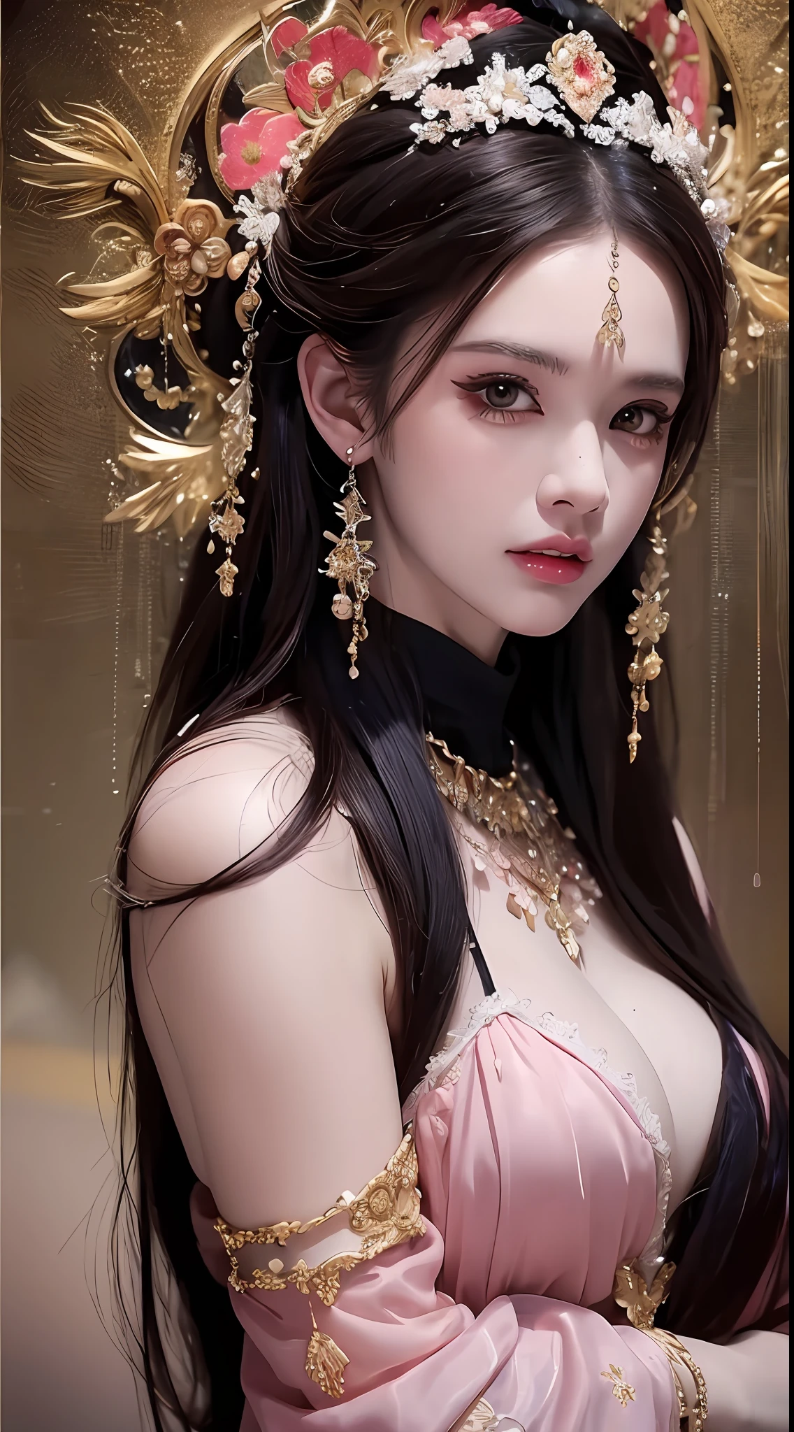 1 beautiful devil woman from hell, In the Dark: 1.6), surreal female portrait by David Hockney and Alphonse Mucha, fantasy art, korea doll, photorealism, dynamic lighting, artstation, volumetric lighting, very detailed faces, 8k ultra, Awarded, in the dark, deep shadow, low key, cowboy lens, (Red phoenix dress: 1.4), long hair, black hair, bust, luxurious palace, Royal style, devil crown, red eyes make up very sharp and detailed, The most beautiful face, The breasts are very big and round and round, Super realistic, chinese women's clothing, polo neck sweater, Charming smile, The eyes are very well made up, guweiz, devil style, wearing black mesh socks, Ponytail with a bow tied at the back of the hair, pink lips, wearing a thin red and black robe, Hands pull the straps to reveal sexy breasts, the landscape is overcast and thunderous, (upper body portrait), Close-up of the main character, (Background details 1.8),HDR, UHD, 8kquality, detailed pixel,