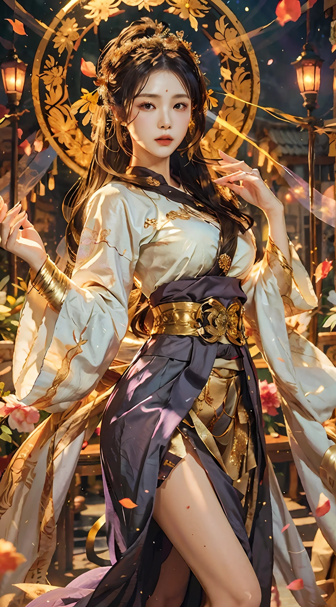 Need,tmasterpiece,A high resolution,(Delicate figure:1.5),Beautuful Women,Extra-large breasts(2.5)Wide hips,big breasts thin waist,Absolutely beautiful,(Milky skin:1.3),exquisitedetails,A high resolution,Wallpapers,1female,独奏,shift dresses,hair adornments,(((Golden purple skirt)) ), florals, long whitr hair, A brown-haired, Keep one's mouth shut, trinkets, longer sleeves, Raise Hand, Wide sleeves, Big eyes, Fluttering, Hanfu, Hanfu, embroidery, long skirt, natural poses, falling flower petals, inside in room, Fanning,lanterns,16K,HDR,A high resolution,depth of fields,(filmgrain:1.1),Bocoon,prime time,(lens flare glow),Vignette,rainbowing,(Color:1.5),Real face