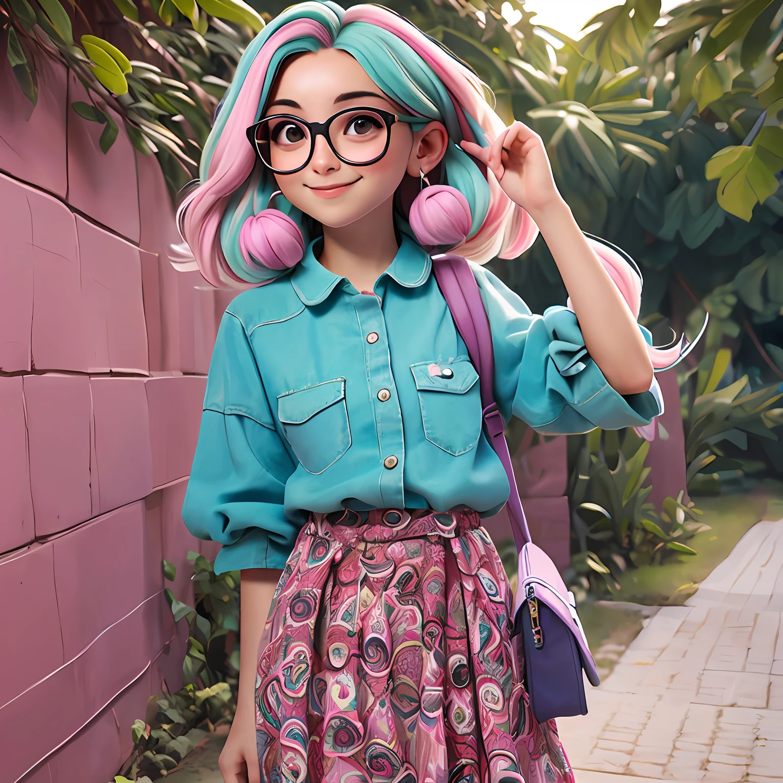 uma  jovem, Seu cabelo esta solto, Eyeglasses, com rendas delicadas, tom amarelo acizentado com madeixas marrom escuro, roupas leves, mochila, fone de ouvido, dread's roxo escuro, corpo inteiro, The background is filled with a pastel shade, evoking a sense of lightness and happiness.