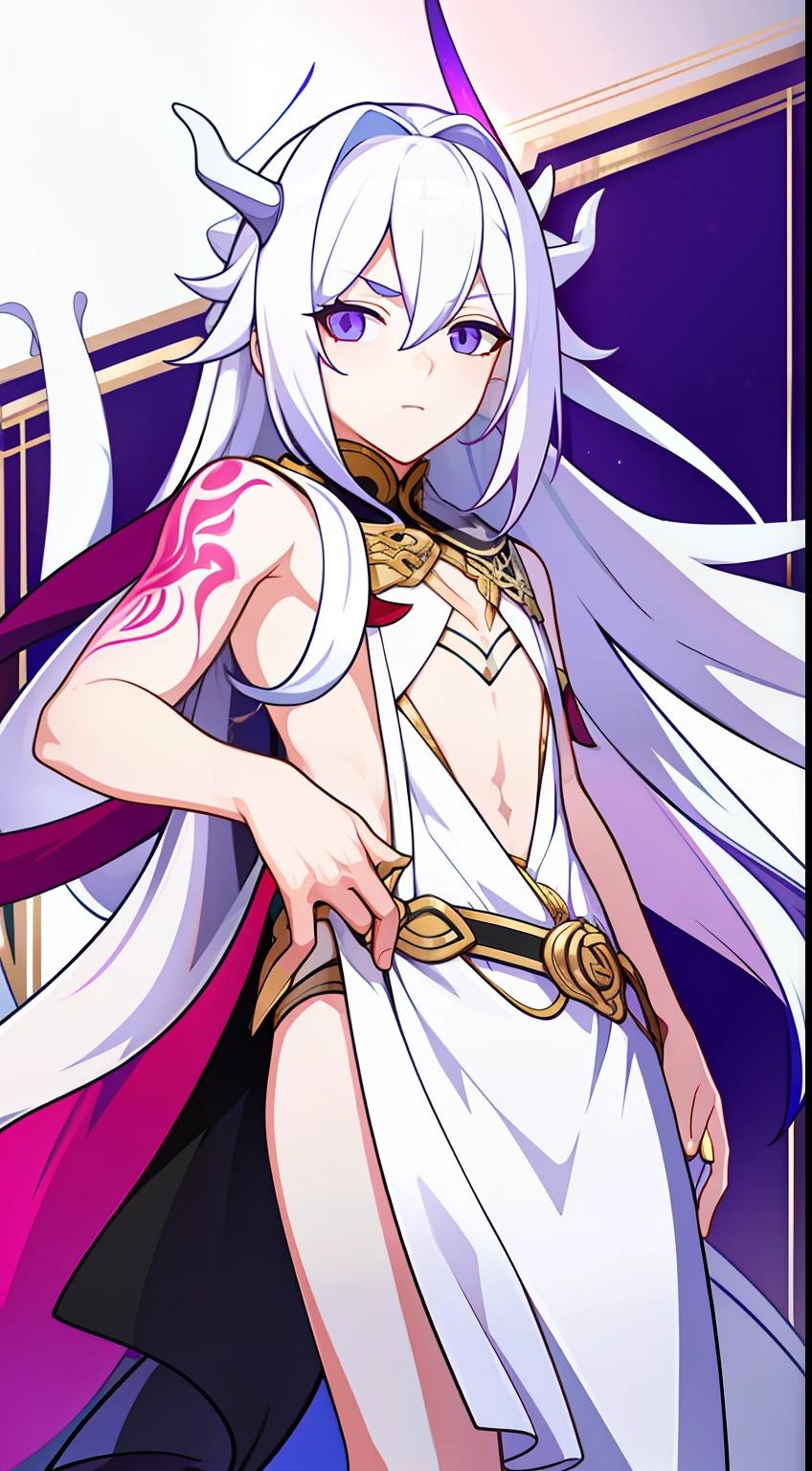 young boy, Long white hair, dragon horns, Heteroromy, left purple, and the right golden eye, White transparent robe, open torso, White tattoo, Masterpiece, hiquality