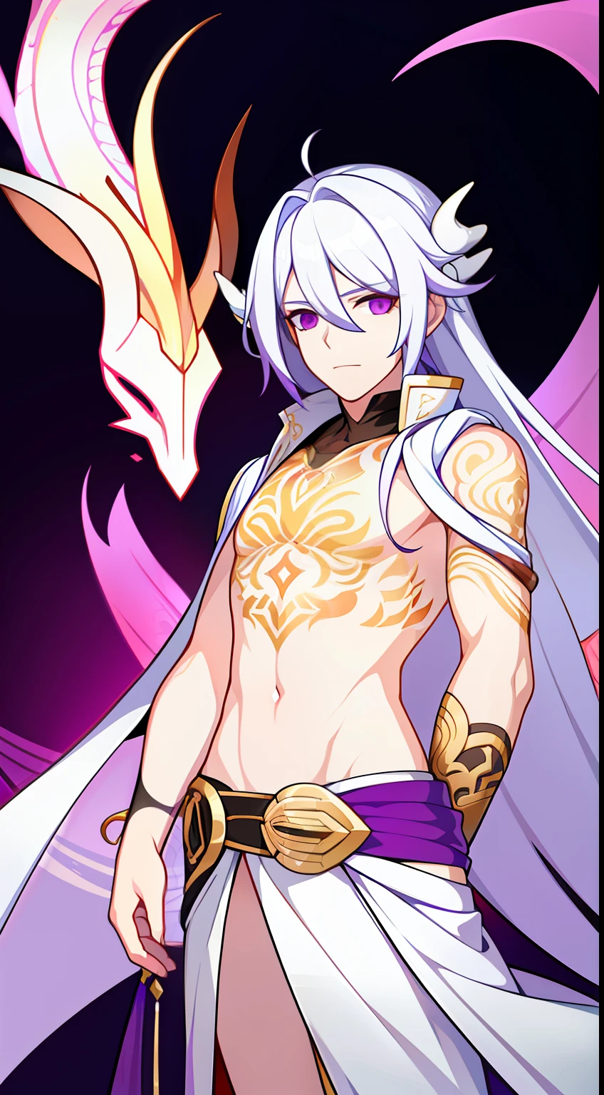 young boy, Long white hair, dragon horns, Heteroromy, left purple, and the right golden eye, White transparent robe, open torso, White tattoo, Masterpiece, hiquality