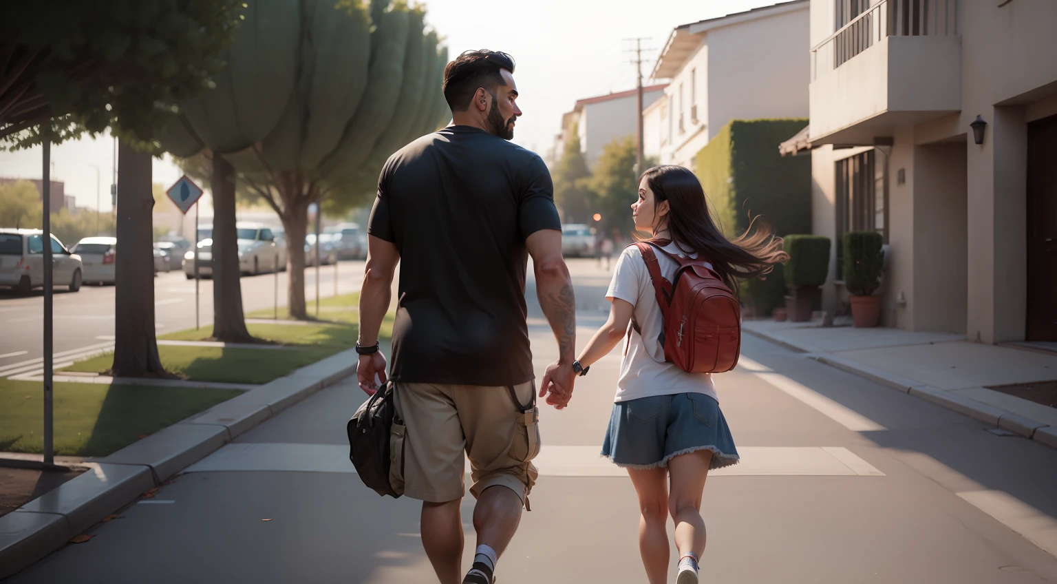 a latino father walking with your daughter, happy, realistic, photoreal octane rendering