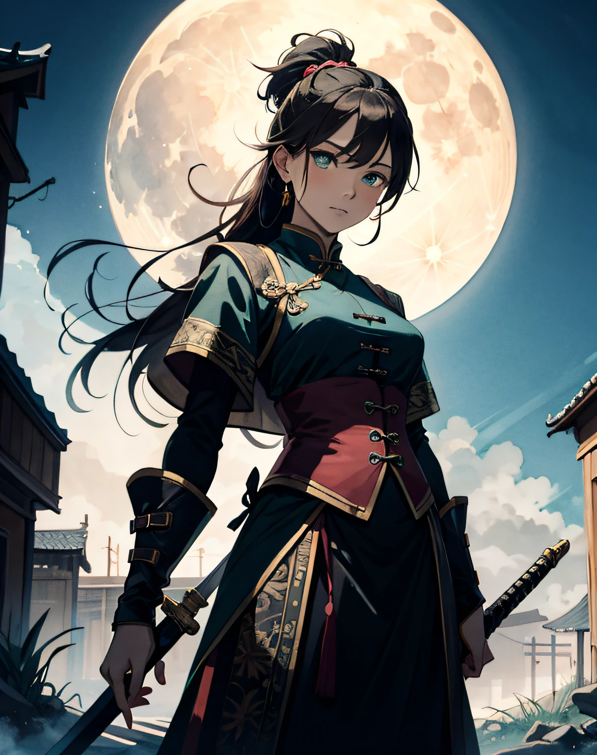 masterpiece chinese watercolor and ink painting, 1girl holding a sword in front of the full big moon. by rembrandt and artstation trending, 8k, highly detailed, turquoise rustic color scheme, detailed, atmospheric light, cinematic, epic, highly detailed, hd, digital painting, deviant art, concept art, smooth, sharp