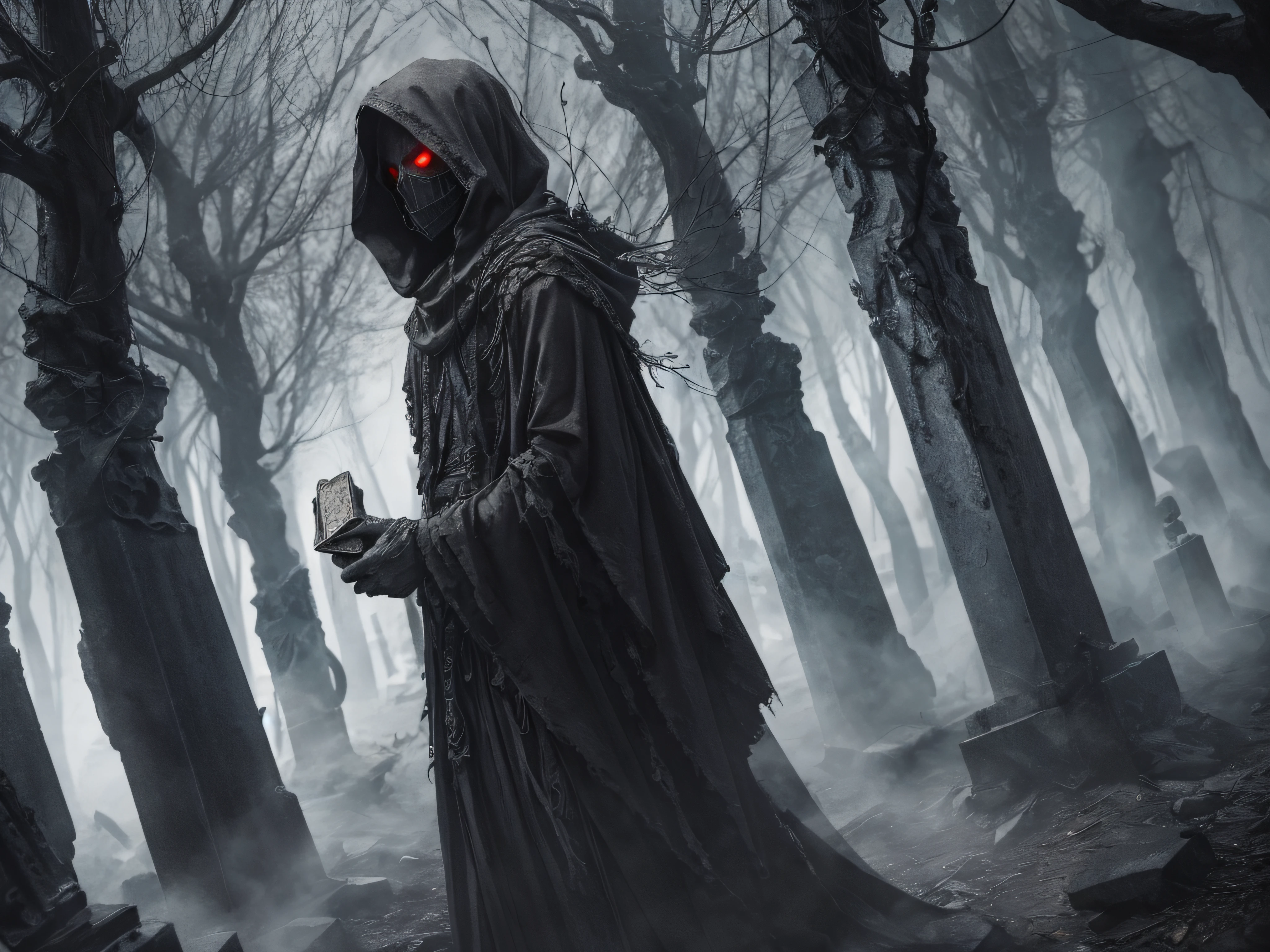 Dark Art Photography of a Hell Messenger, a spectral entity that emerges from the depths of the underworld. Cloaked in shadowy robes, their face is obscured by a sinister mask, leaving only their piercing, glowing eyes visible. They stand in a desolate graveyard, surrounded by crumbling tombstones and twisted trees. In their hand, they hold a weathered and crumbling scroll, containing messages of doom and damnation. Shot with a low angle and harsh sidelighting, this image captures the eerie and foreboding presence of the Hell Messenger. The composition utilizes leading lines and symmetry to create a sense of balance and harmony within the darkness.