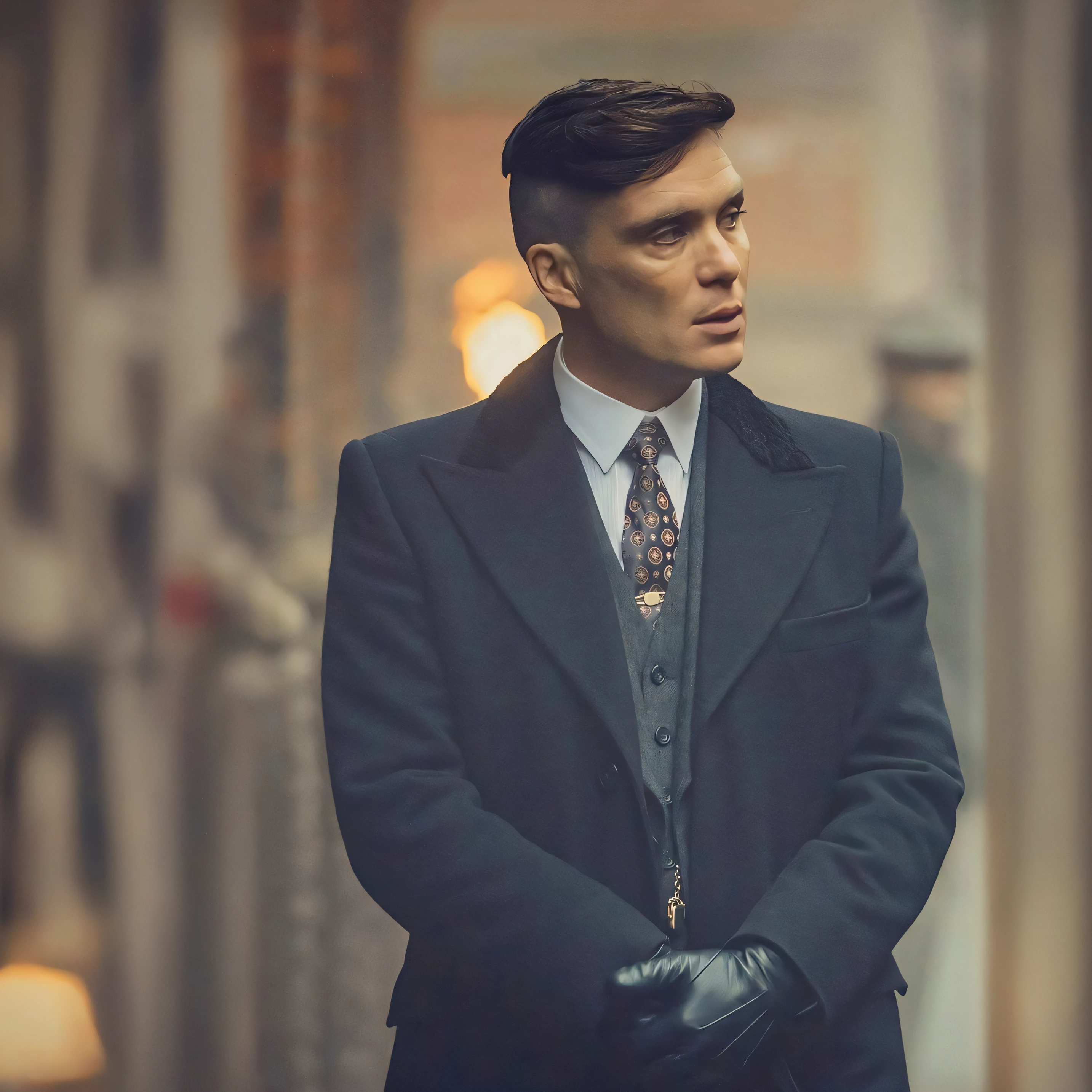 There's a man in a suit and tie holding a hat, Figurinos de Peaky Blinders, Tom Hardy como Henry Dorsett Case, Persianas Peaky, inspirado em Max Magnus Norman, Persianas Peaky (2018), 1 9 2 0 s estilo pano, a suited man in a hat, colete de terno e cartola e luvas