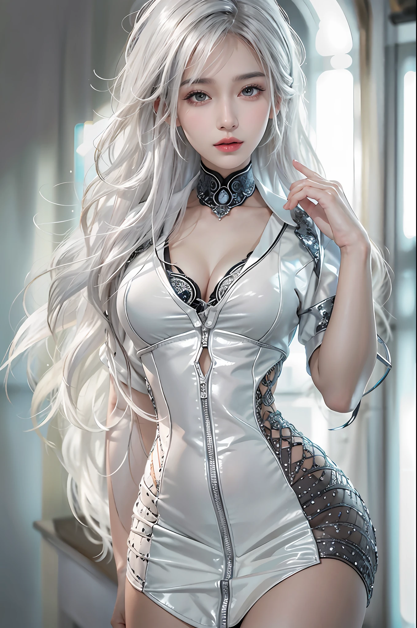 photorealistic, high resolution, soft lights, 1women, shiny skin, finely detailed skin, solo, hips up, look at viewer, (detailed face), white hair, long hair, doctor outfit, White blouse doctor