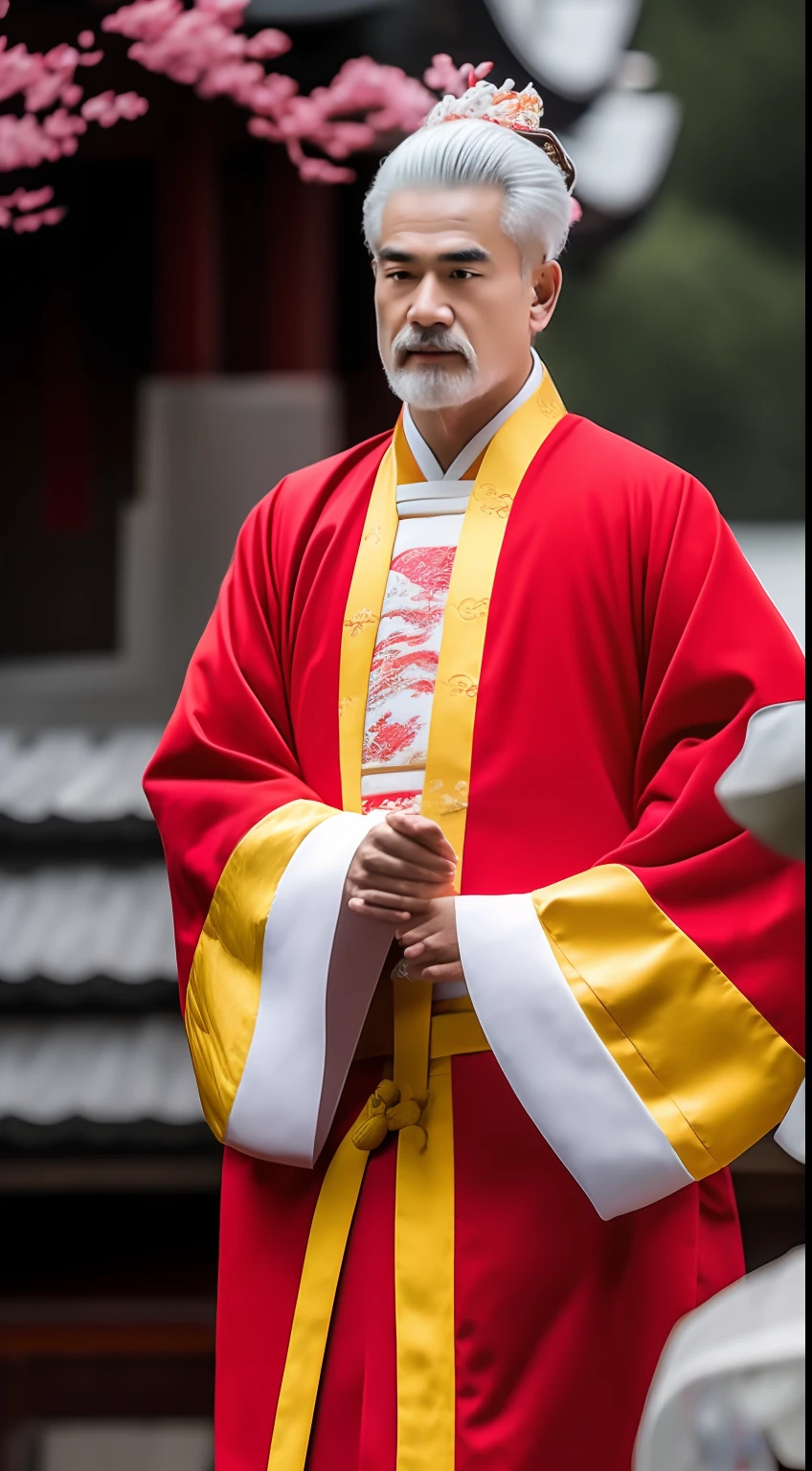 Masterpiece, Highest quality, (solofocus),, (High detail: 1.1),dojo，Red and yellow robes，The male， Man, chinese crown, 1人,and white hair,超高分辨率 , Detailed background, realisticlying, wearing a detailed and intricate xianxia antique outfit