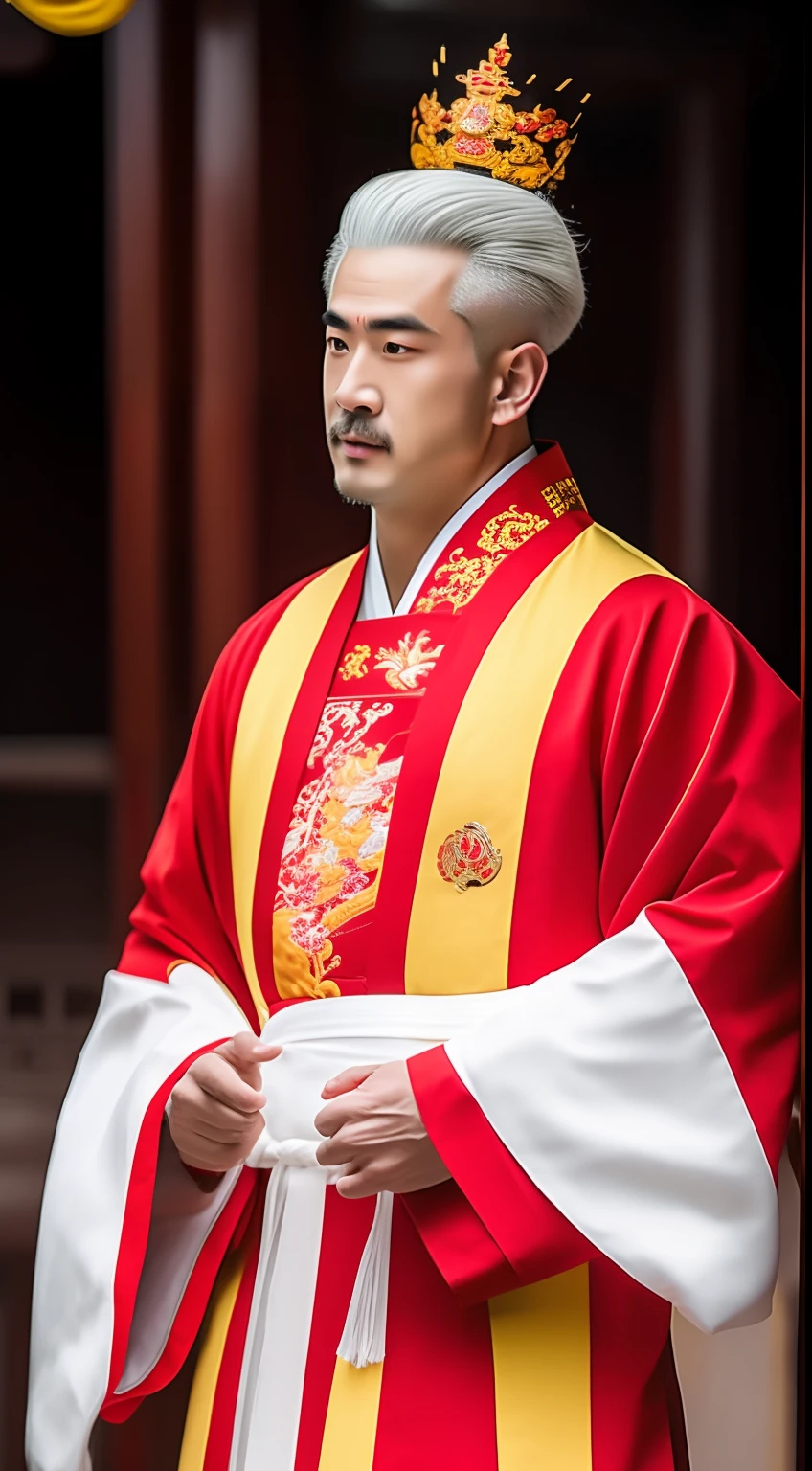 Masterpiece, Highest quality, (solofocus),, (High detail: 1.1),dojo,Red and yellow robes,The male, Man, chinese crown, 1人,and white hair,超高分辨率 , Detailed background, realisticlying, wearing a detailed and intricate xianxia antique outfit
