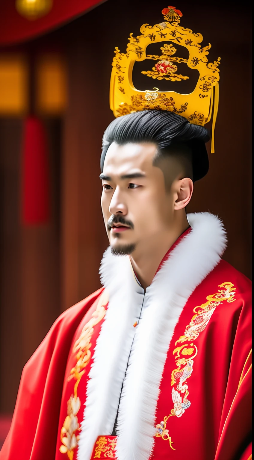 Masterpiece, Highest quality, (solofocus),, (High detail: 1.1),dojo,Red and yellow robes,The male, Man, chinese crown, 1人,and white hair,超高分辨率 , Detailed background, realisticlying, wearing a detailed and intricate xianxia antique outfit