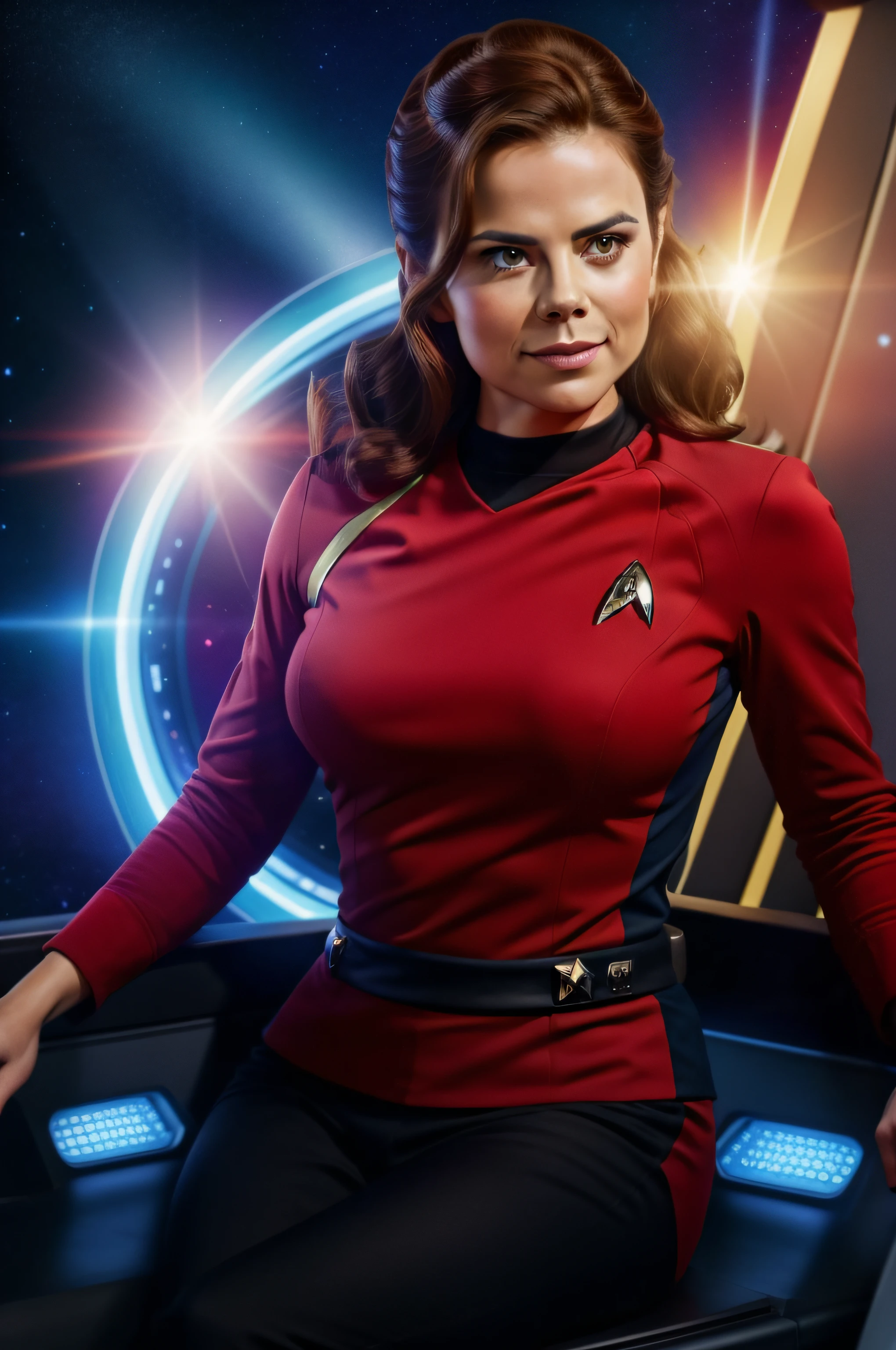 (Thirty year old) woman, on a starship, dressed in Star Trek uniform, red tosunfm, star Trek, vibrant colours, beautiful legs, small breasts, dreamy photo, dynamic pose, looking straight at camera, detailed eyes, soft expression, flirty, slight smile, Canon, lens flare, (Detailed features::1.2), real life. Hayley Atwell